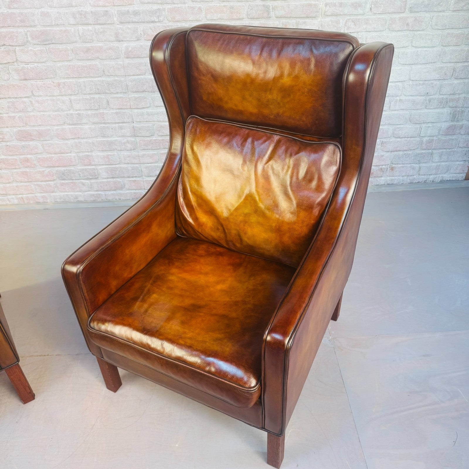 Vintage Danish His & Hers High Back Leather Chairs Pair Light Brown Armchairs
