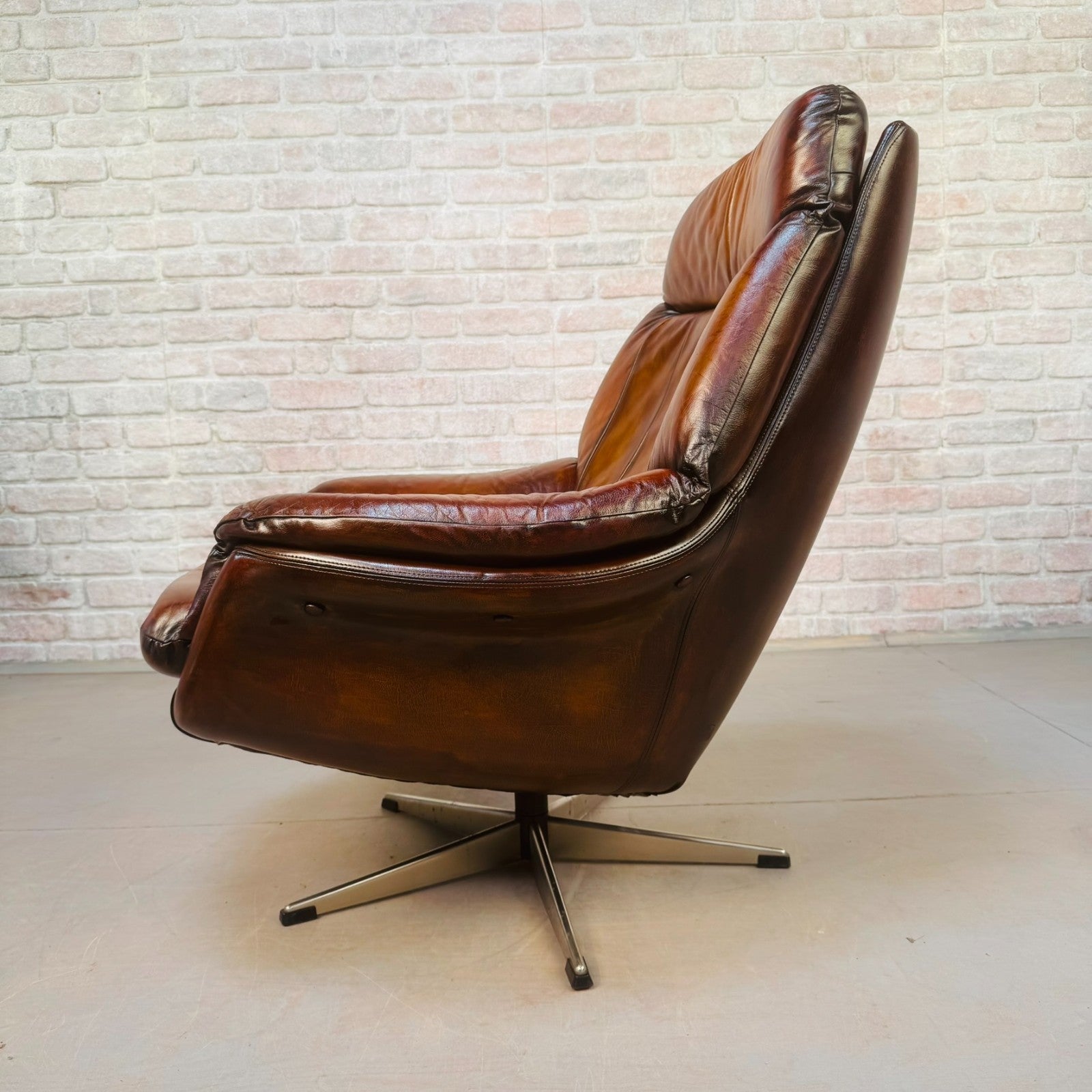 Vintage Danish Tan Leather Swivel Chair