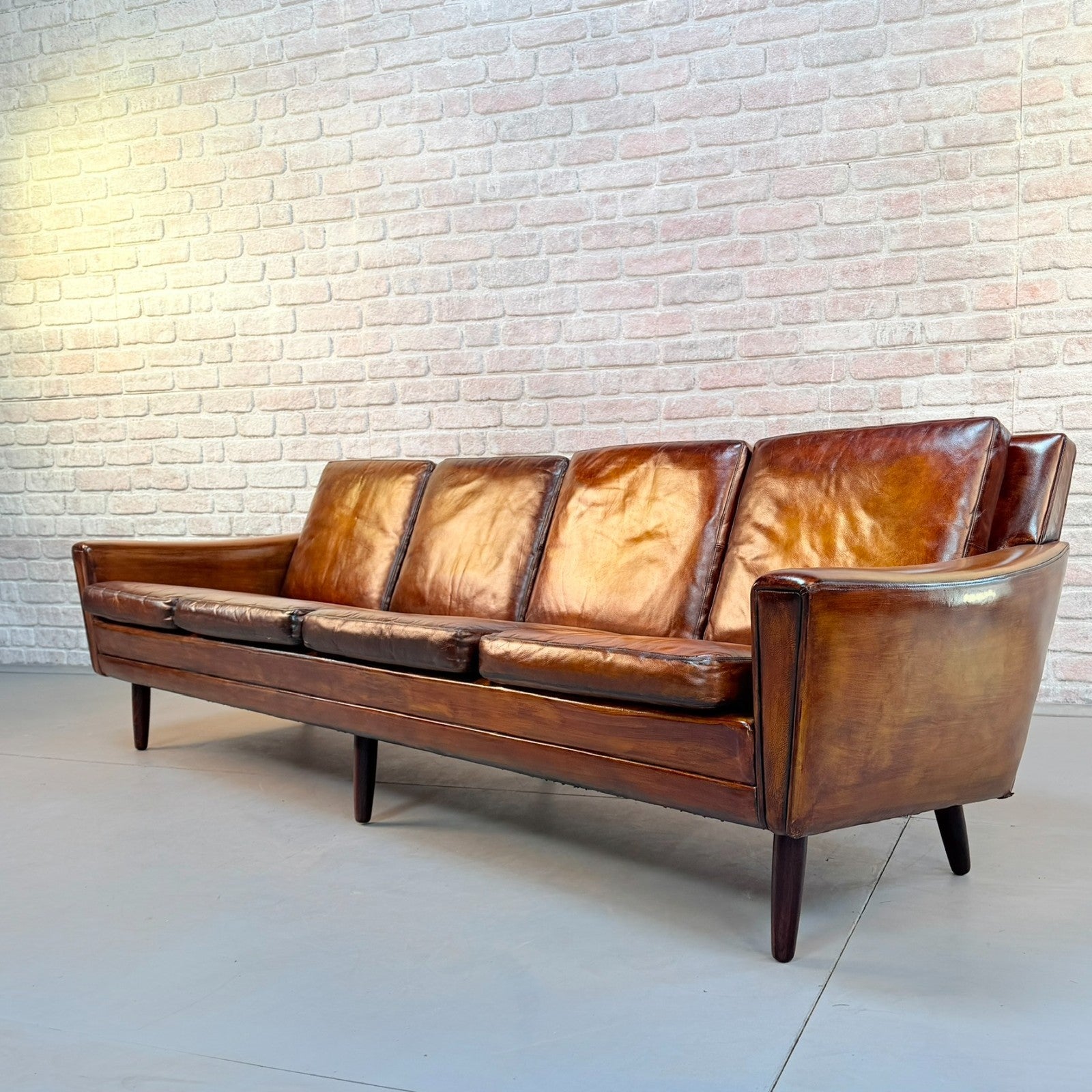 Vintage 1970s Danish George Thams Tan Hand-Dyed Leather Four Seater Sofa