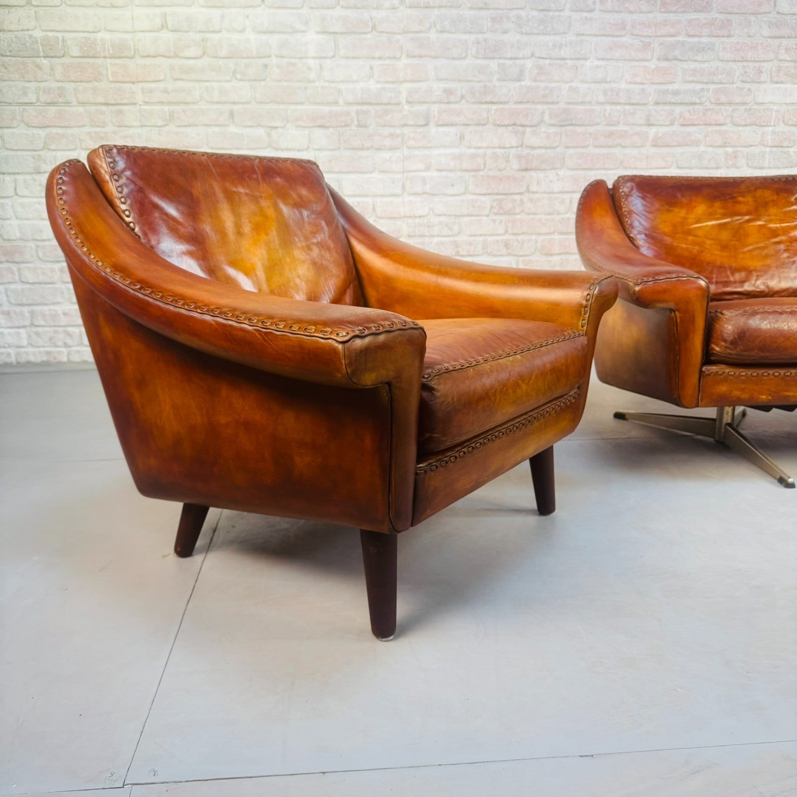 Vintage 60s Aage Christiansen "Matador" Tan Leather 2 Seater Sofa & Chair