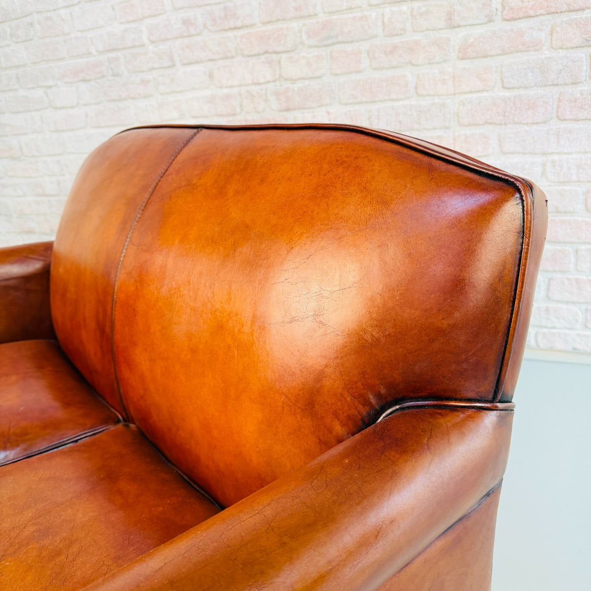 Vintage English Club Hand Dyed Cognac Tan Leather 2 Seater Sofa