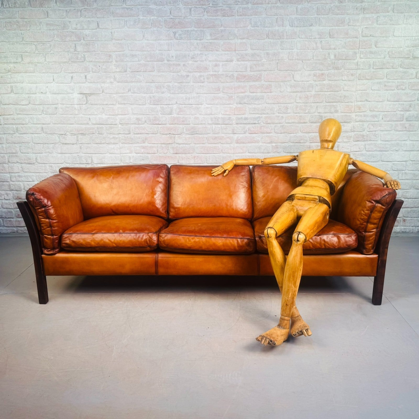 Long Vintage Danish Cognac Leather 3 Seater Sofa Mid Century Feather Filled