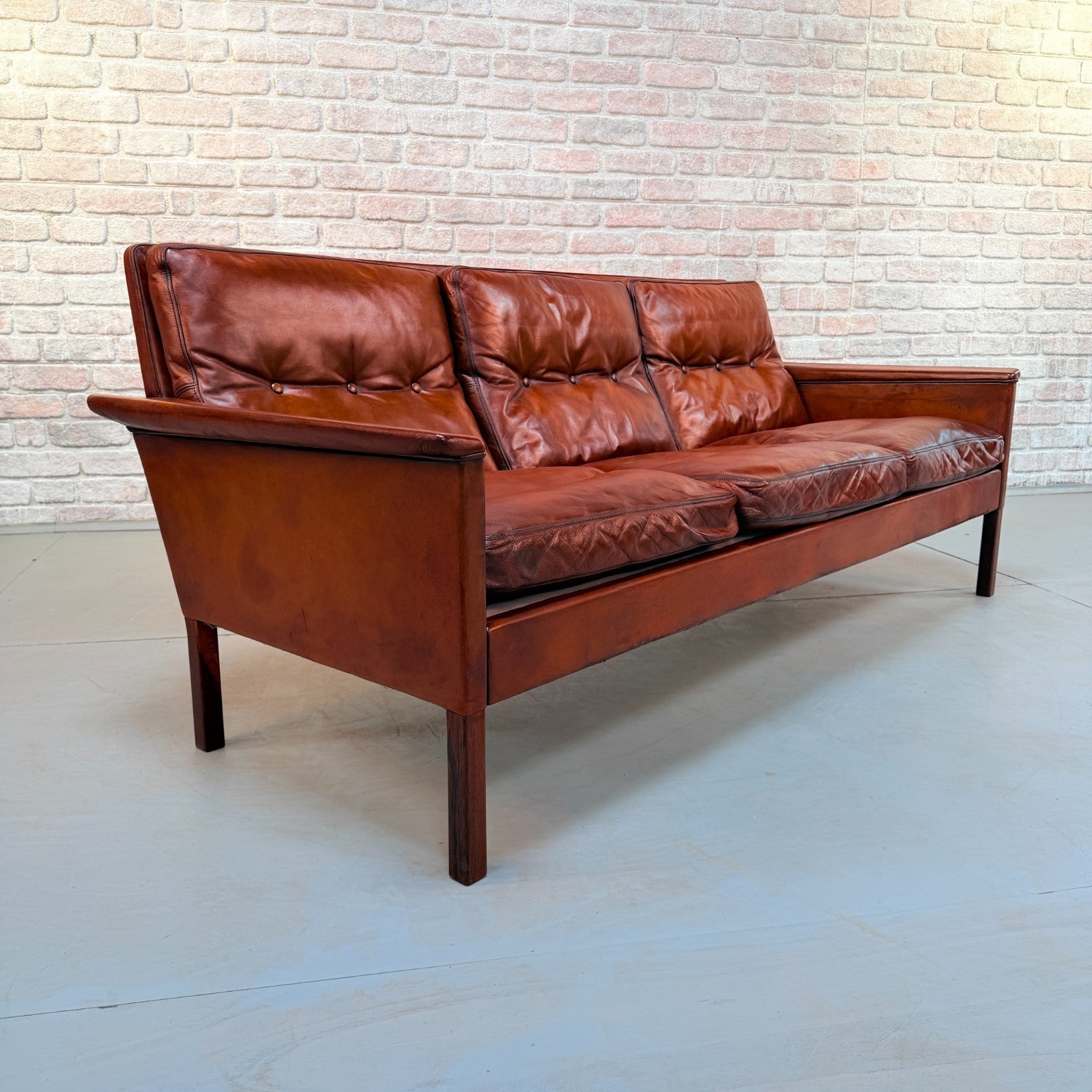 Vintage 1960s Danish Hans Olsen Brown Hand-Dyed Leather Three Seater Sofa