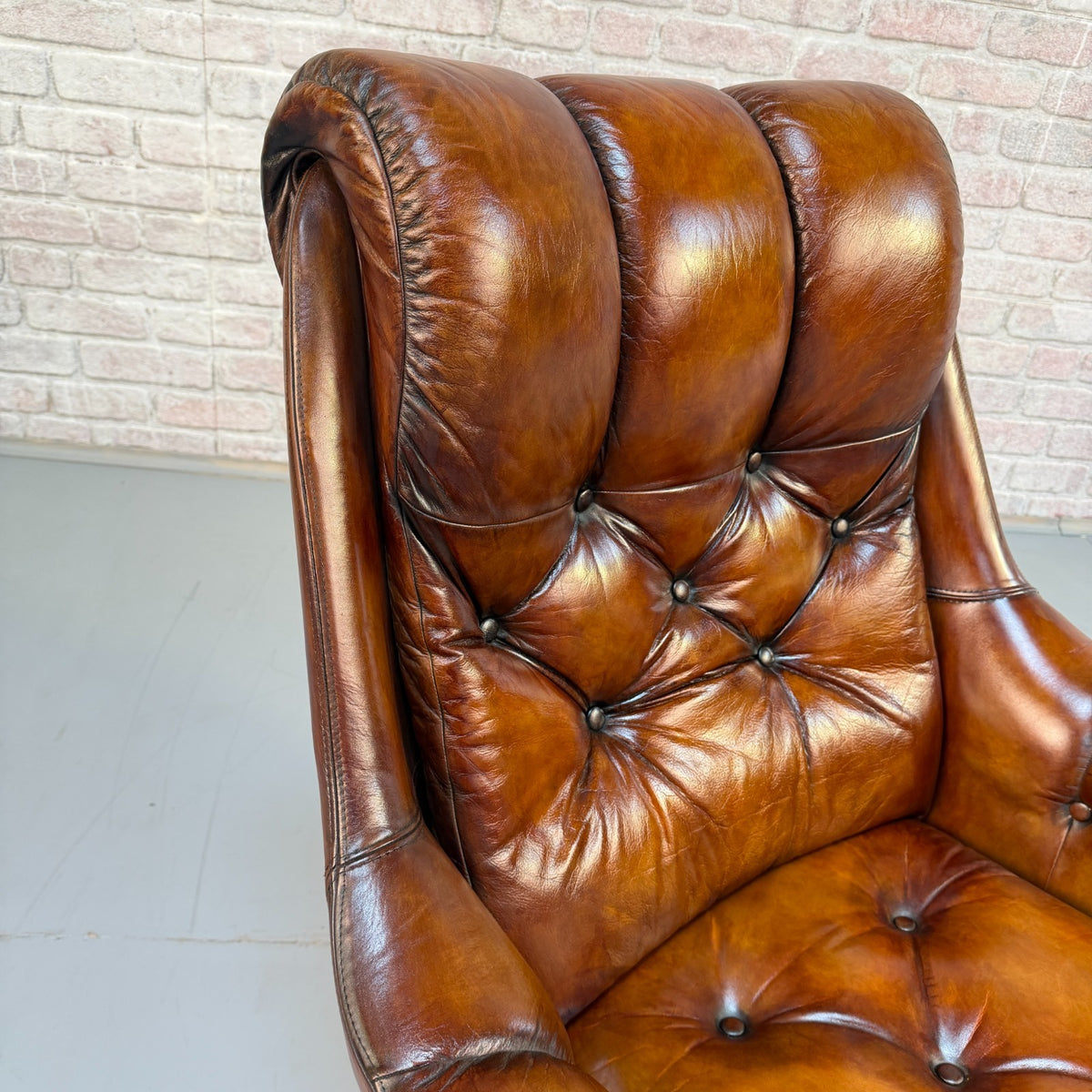 Vintage Danish Tan Leather Swivel Armchair – Hand Dyed Beautiful Patina