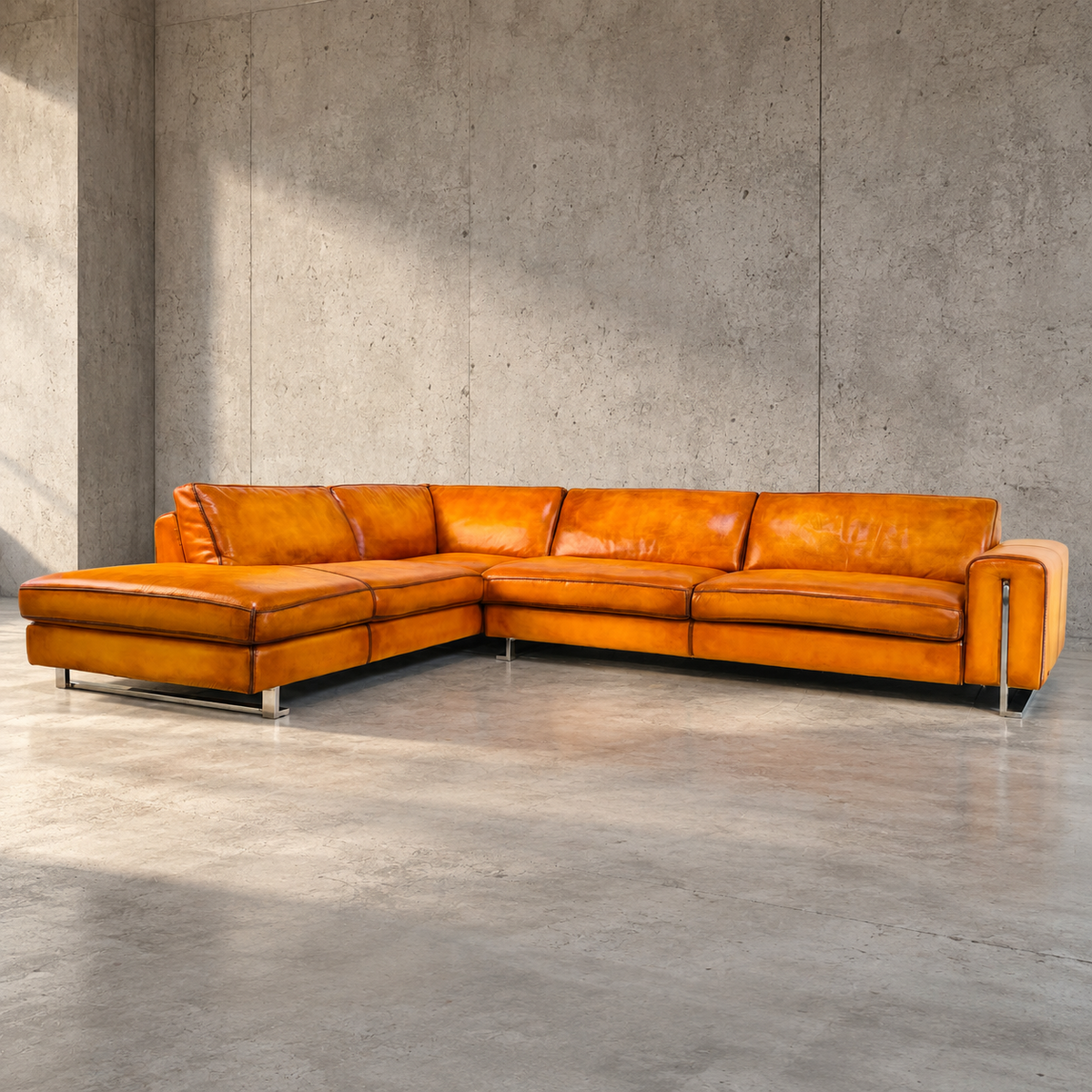 Roche Bobois Hand Dyed Cognac Leather Light Tan Corner Sofa Chaise