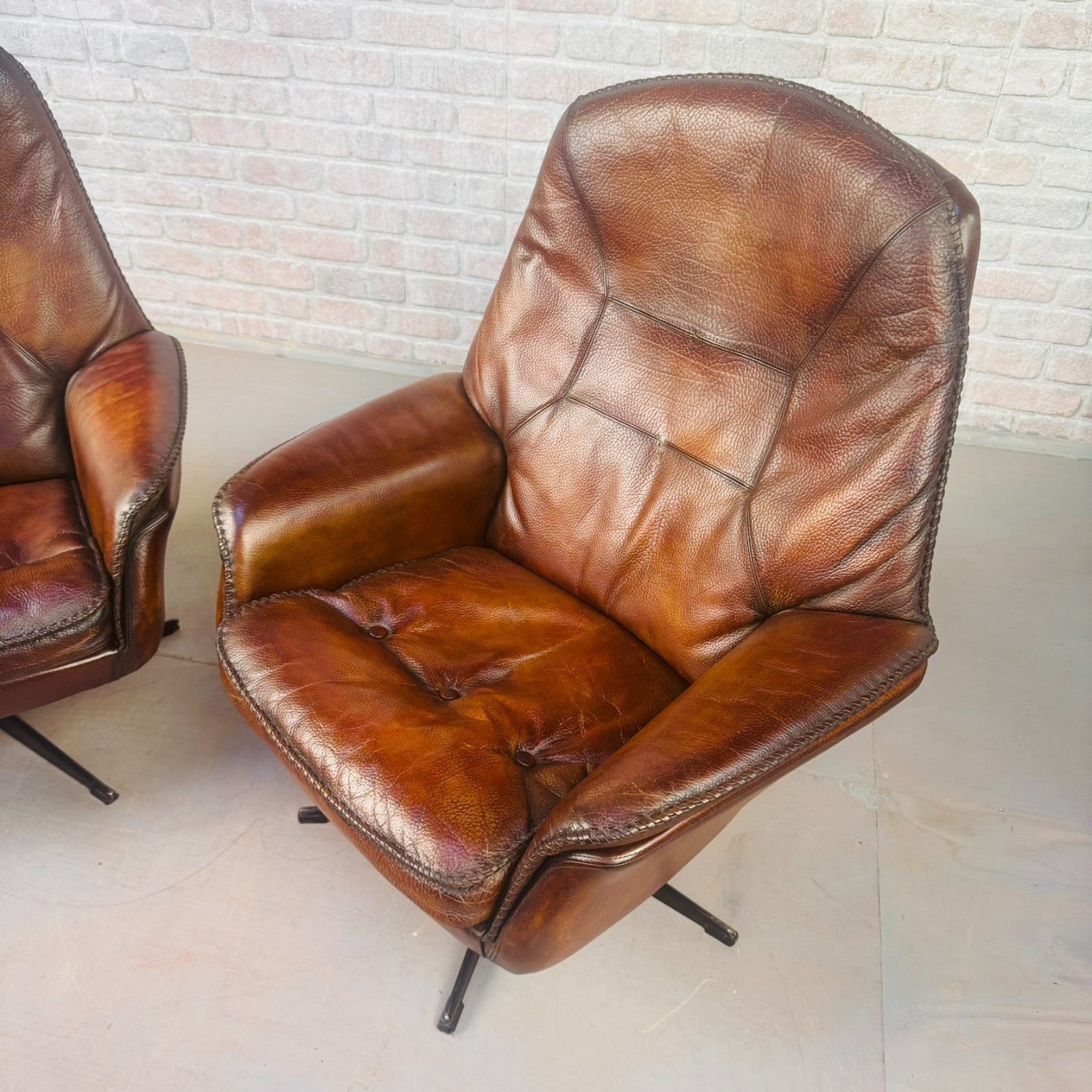 Vintage Pair 1970s Danish Berg Mobler Brown Leather Swivel Chairs Mid Century