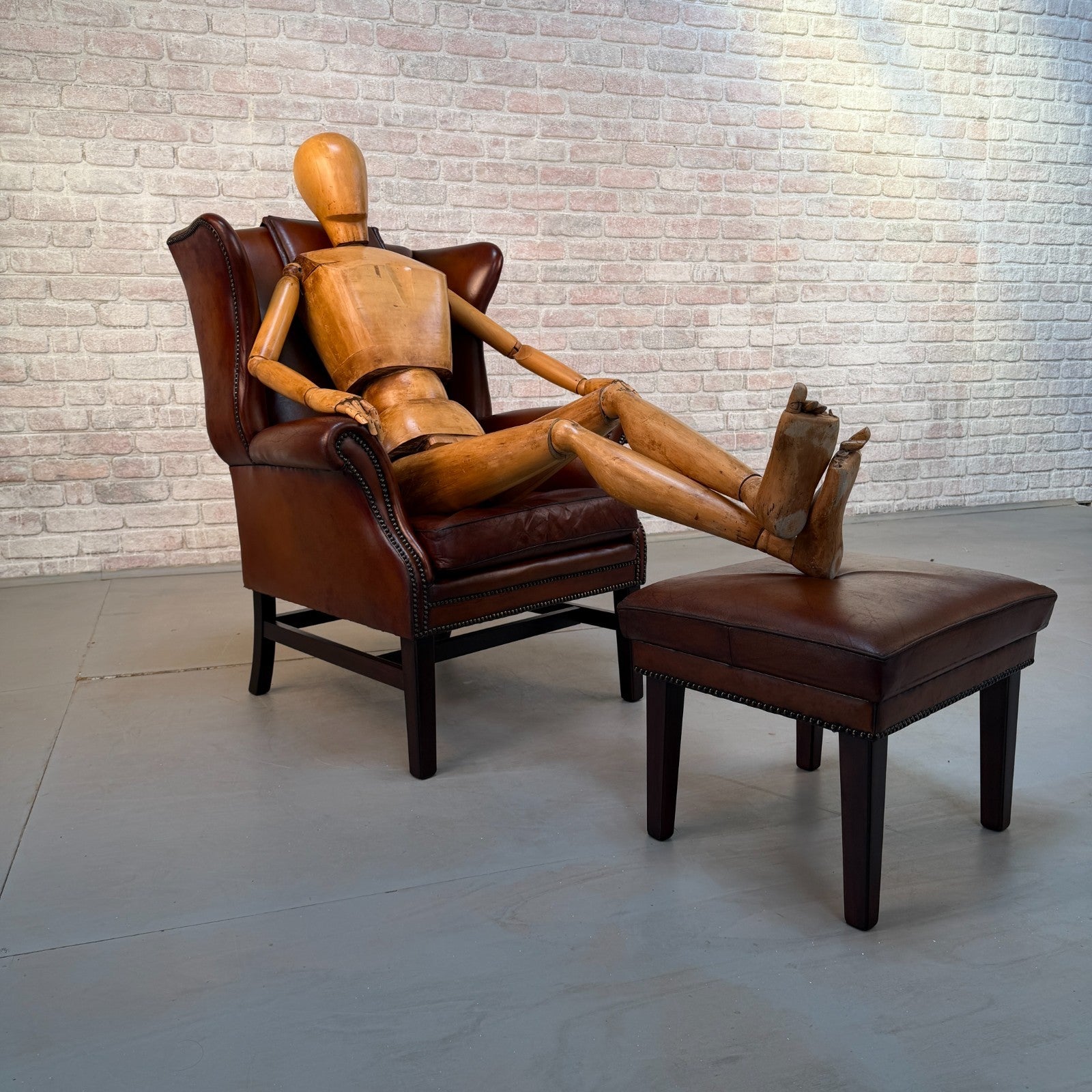 Vintage Danish Dark Tan Hand-Dyed Leather Wingback Chair & Matching Footstool