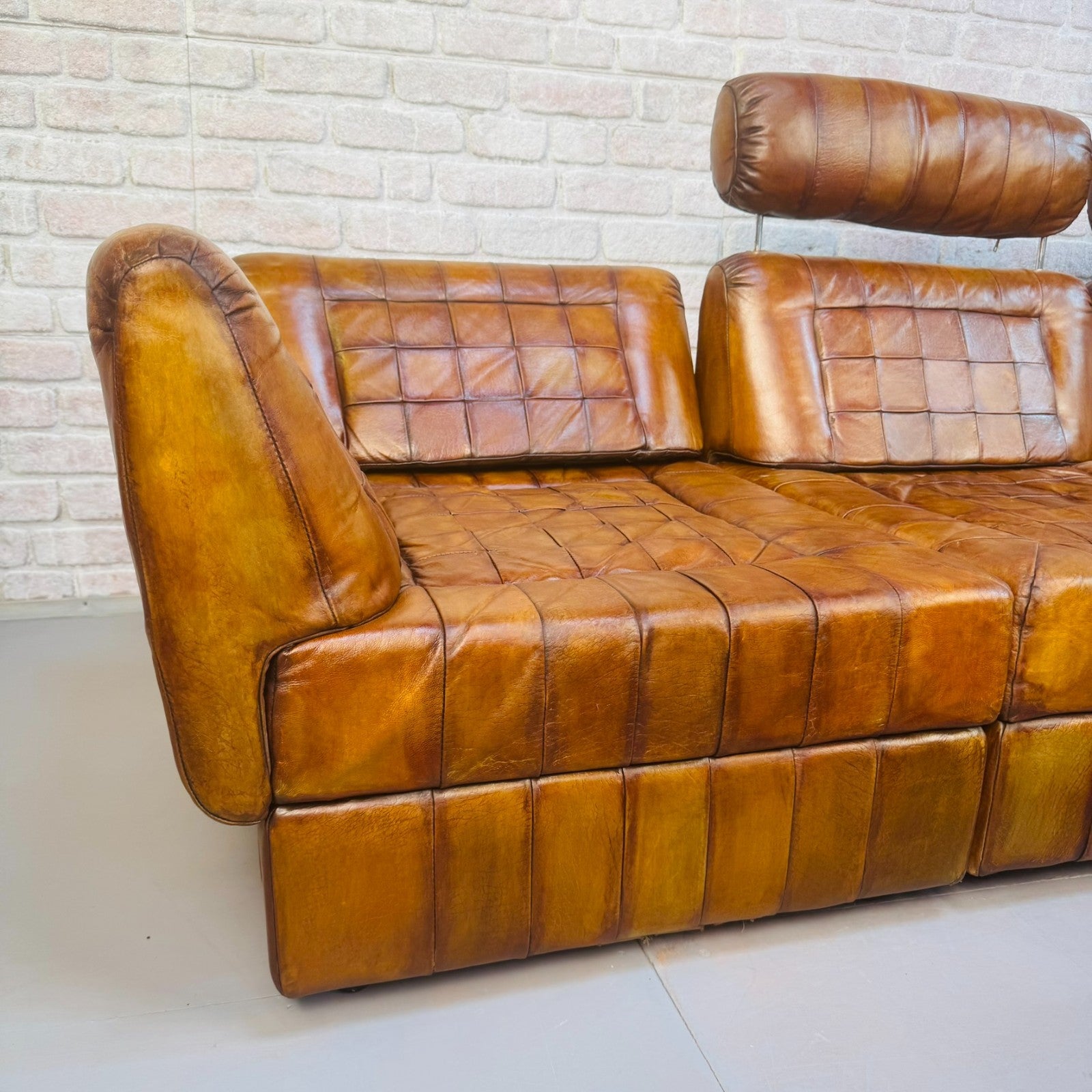 Rare Percival Lafer 60s Modular Sofa 4 Sections & Glass Top Table Tan Leather