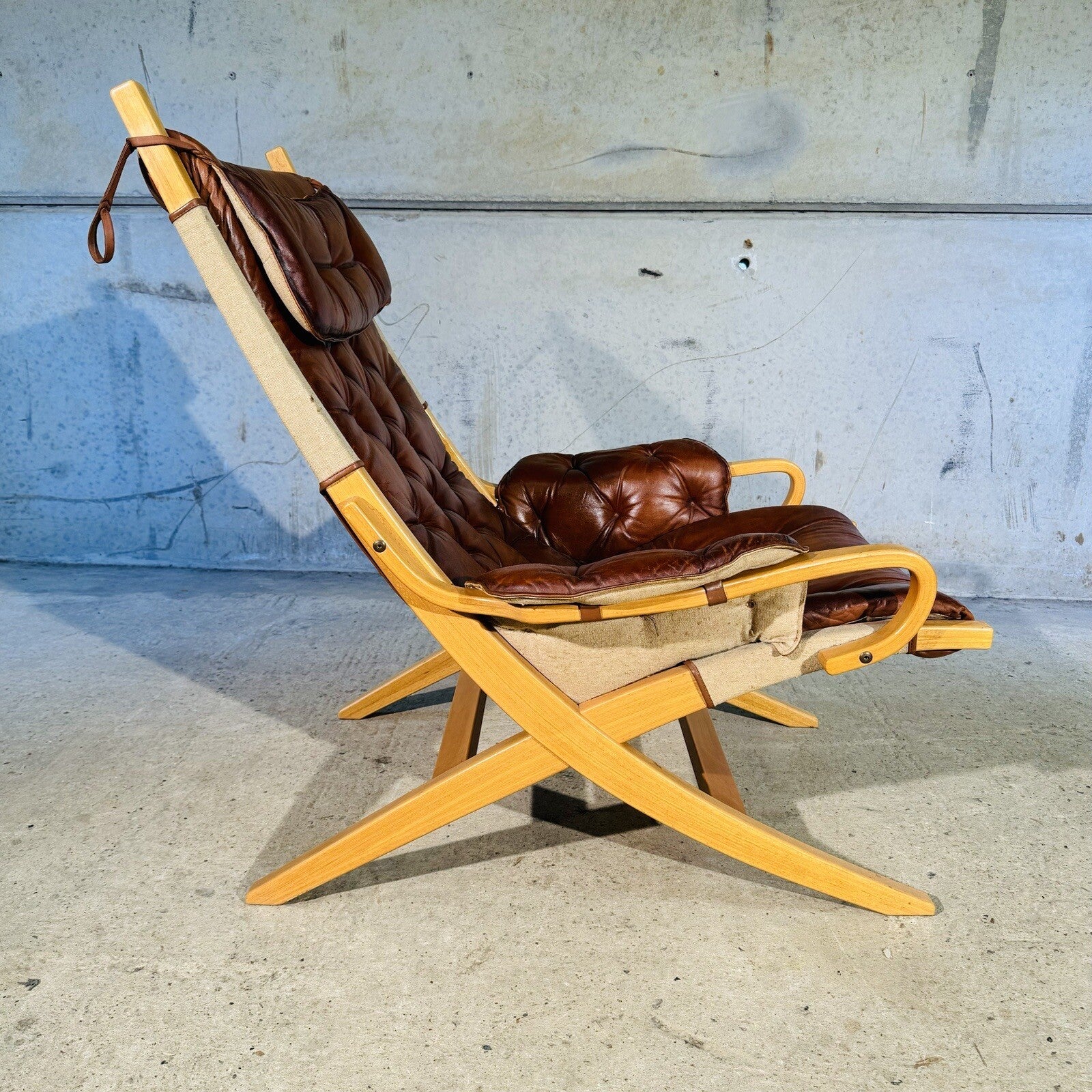Stylish Swedish 1970s Tan Leather And Canvas Armchair and Footstool