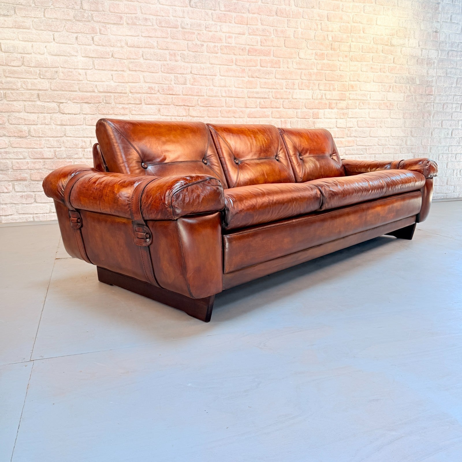 Vintage Svend Skippers Danish Tan Leather 3 Seater Sofa Hand Dyed Patina