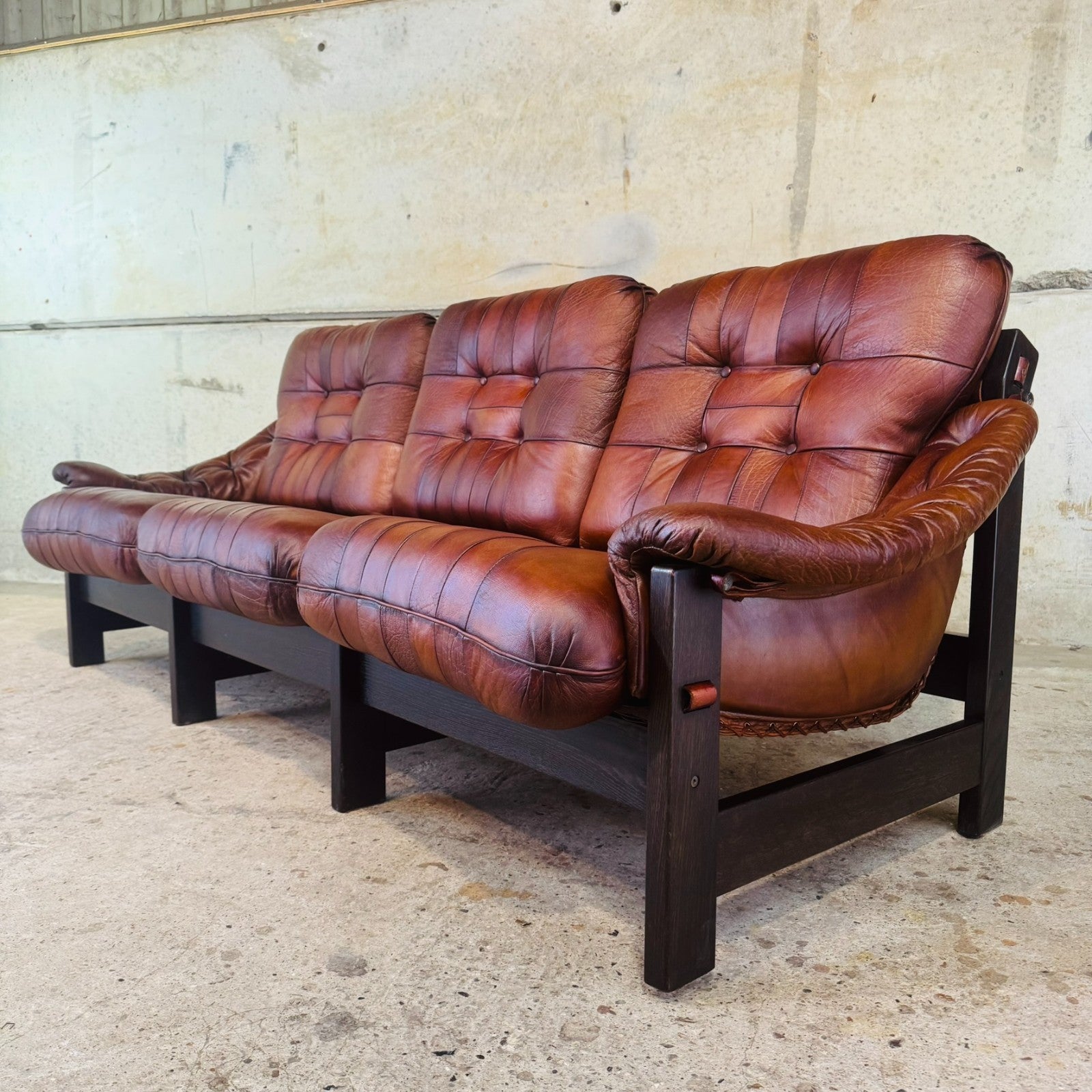 1970s Jean Gillon Brazilian Oak & Tan Leather Three-Seater Sofa