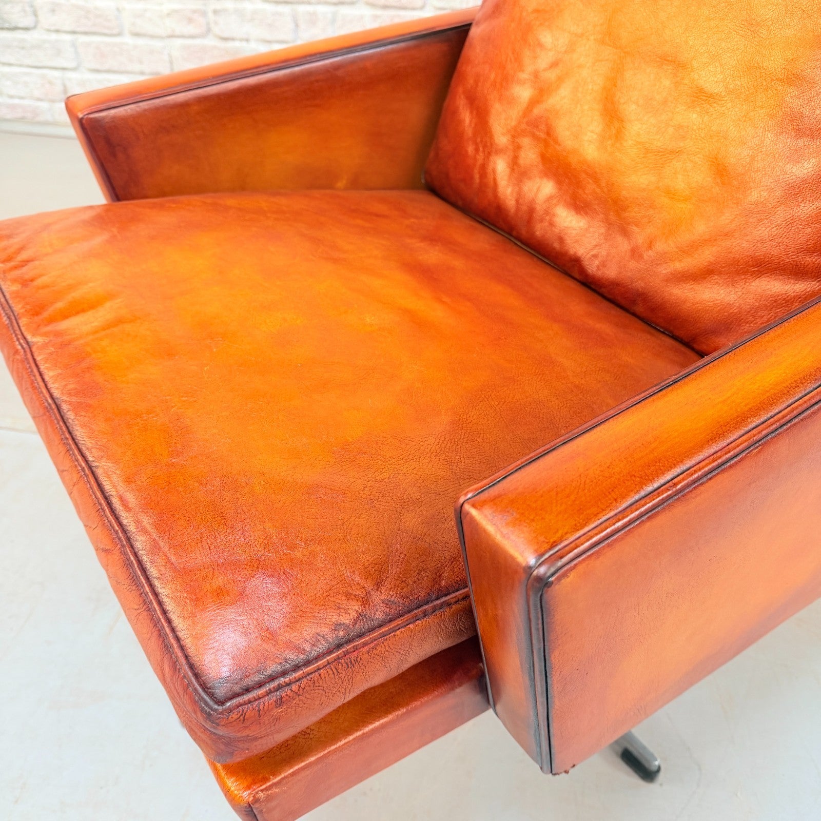 Vintage 1970s Danish Cognac Hand-Dyed Leather Swivel Chair
