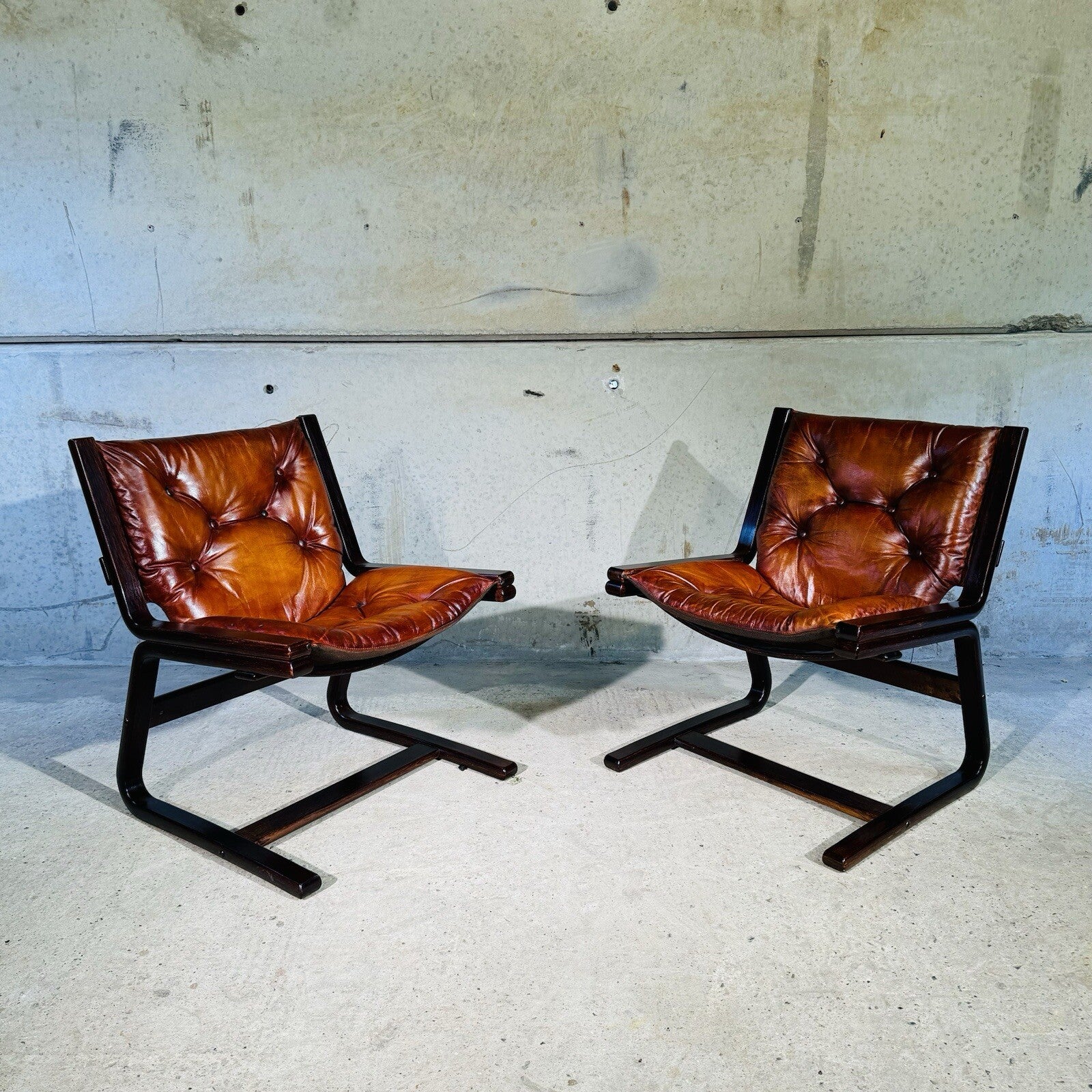 Vintage Pair of  Norwegian 1960s Cantilever Bentwood Chairs Tan Leather