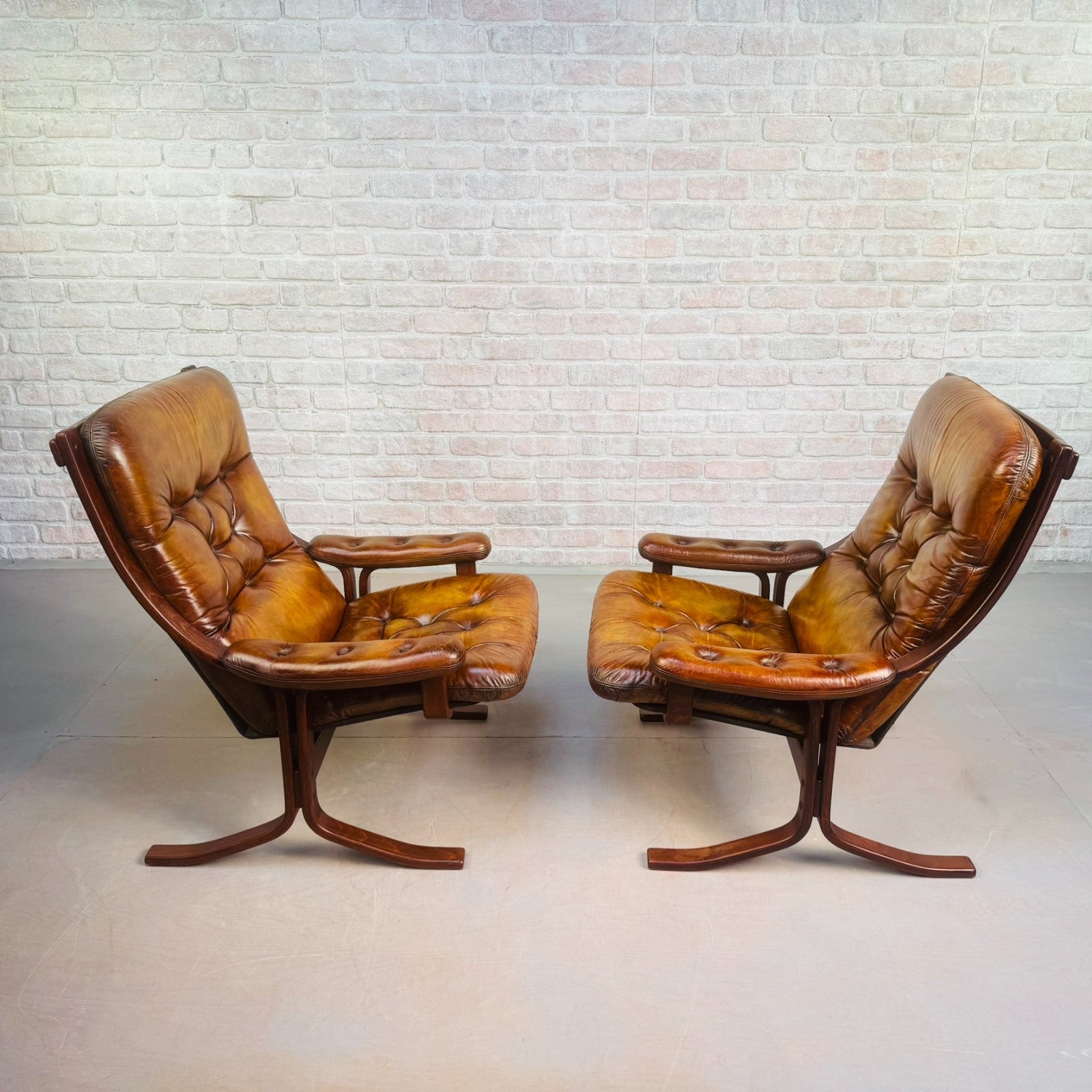 Pair of Vintage Danish Tan Leather Armchairs High Back Mid Century Chairs