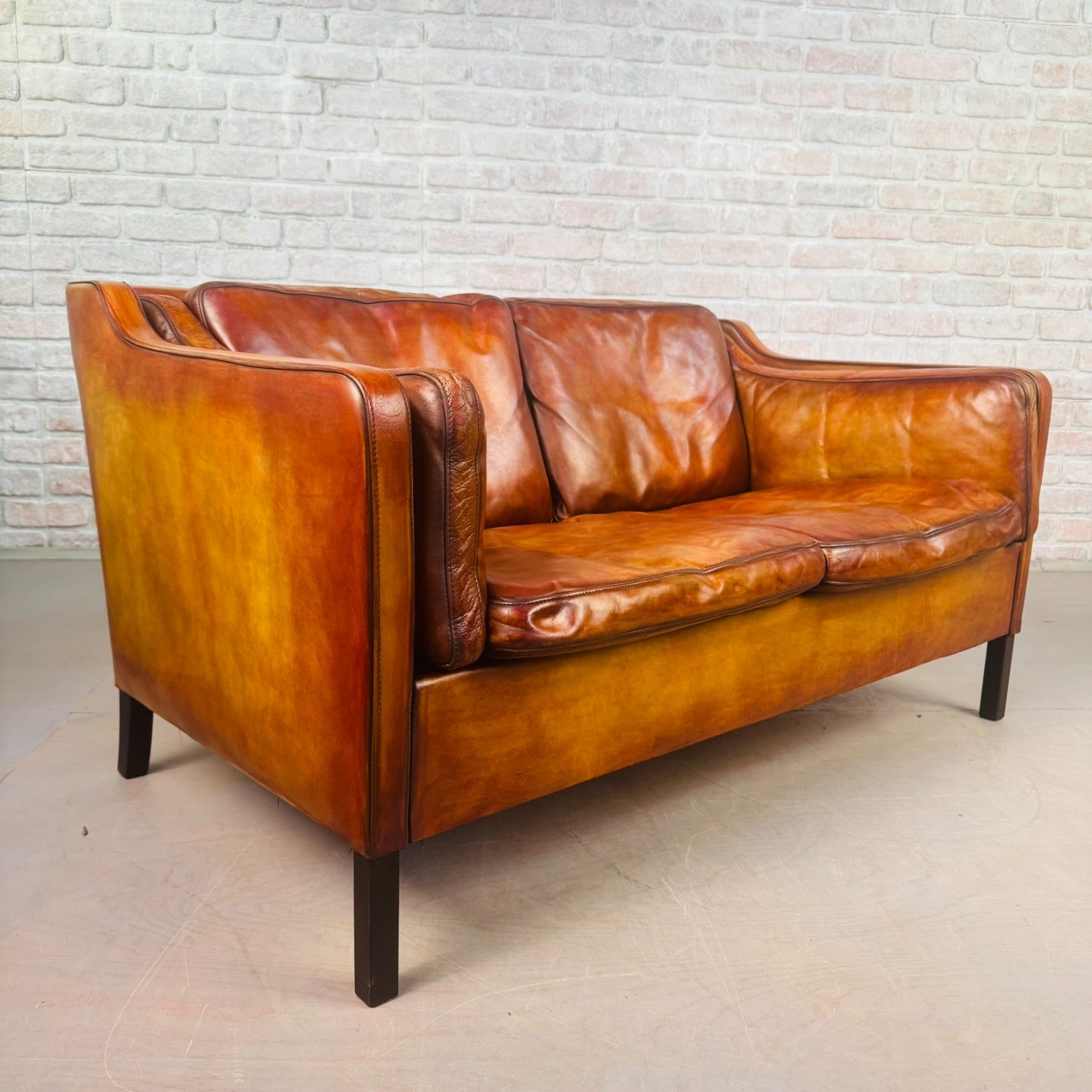 Vintage Danish Tan Leather Two-Seater Sofa 1970s Mid Century Hand Dyed