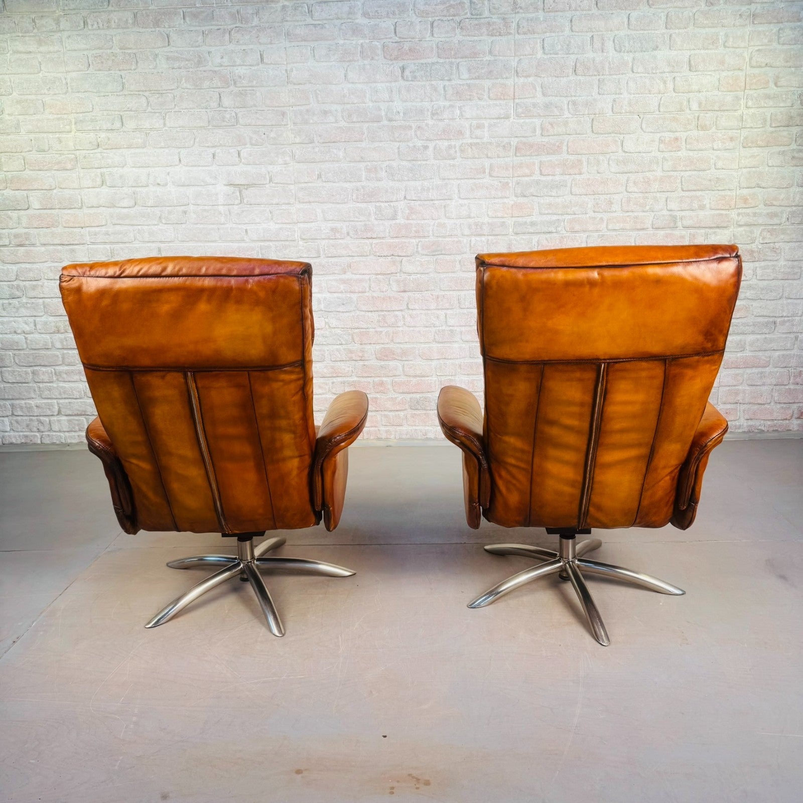 Vintage Pair of Danish High Back Swivel Recliner Chairs – Light Tan Leather