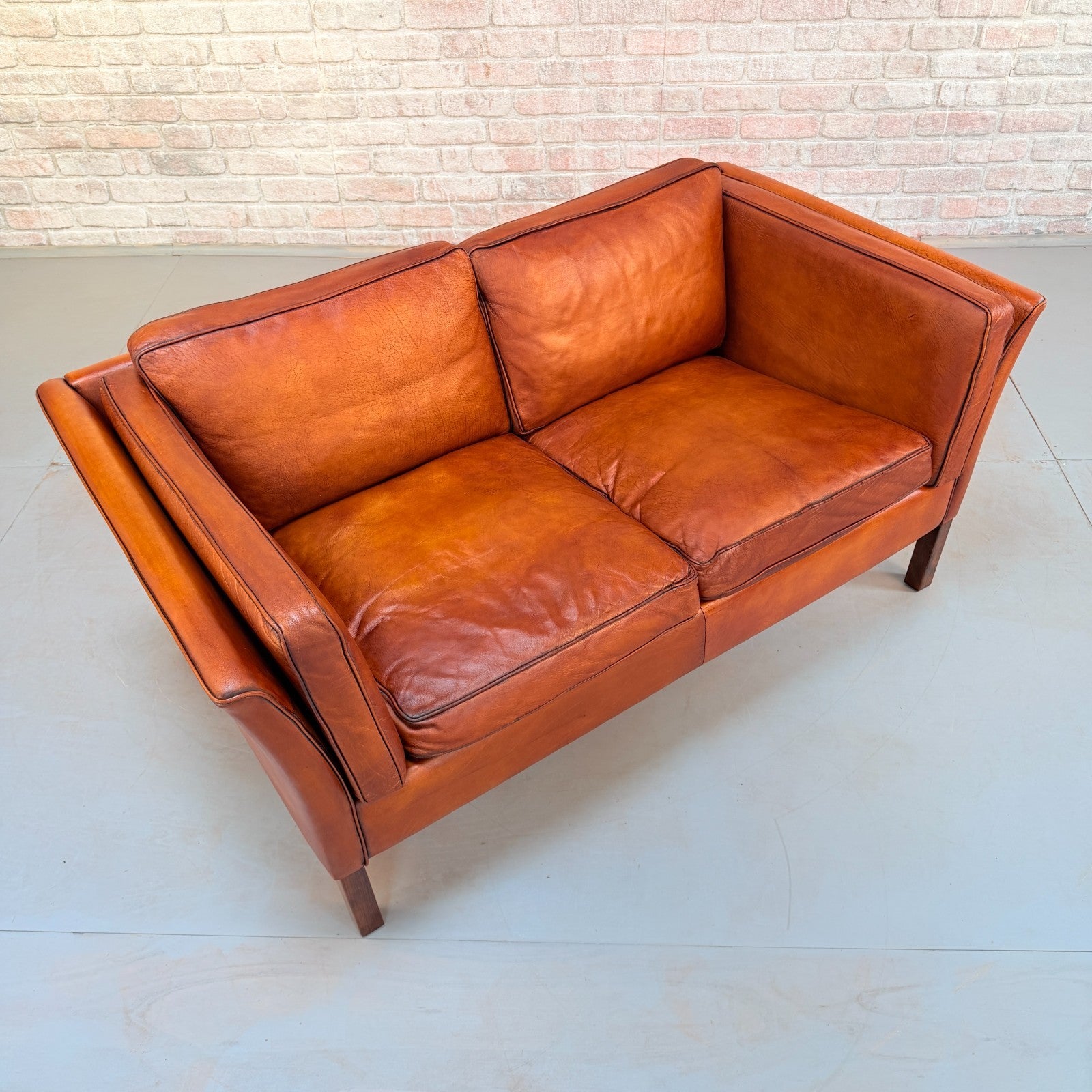 Vintage Danish Tan Leather 2 Seater Sofa Hand Dyed Buffalo Leather Patina
