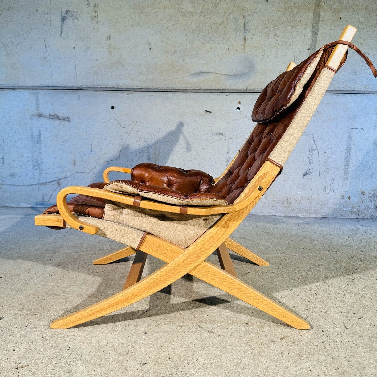 Stylish Swedish 1970s Tan Leather And Canvas Armchair and Footstool