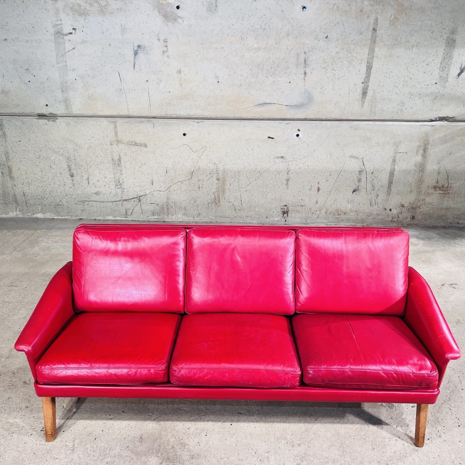 Stylish Danish 1970 Vibrant Red Three seater Leather Sofa