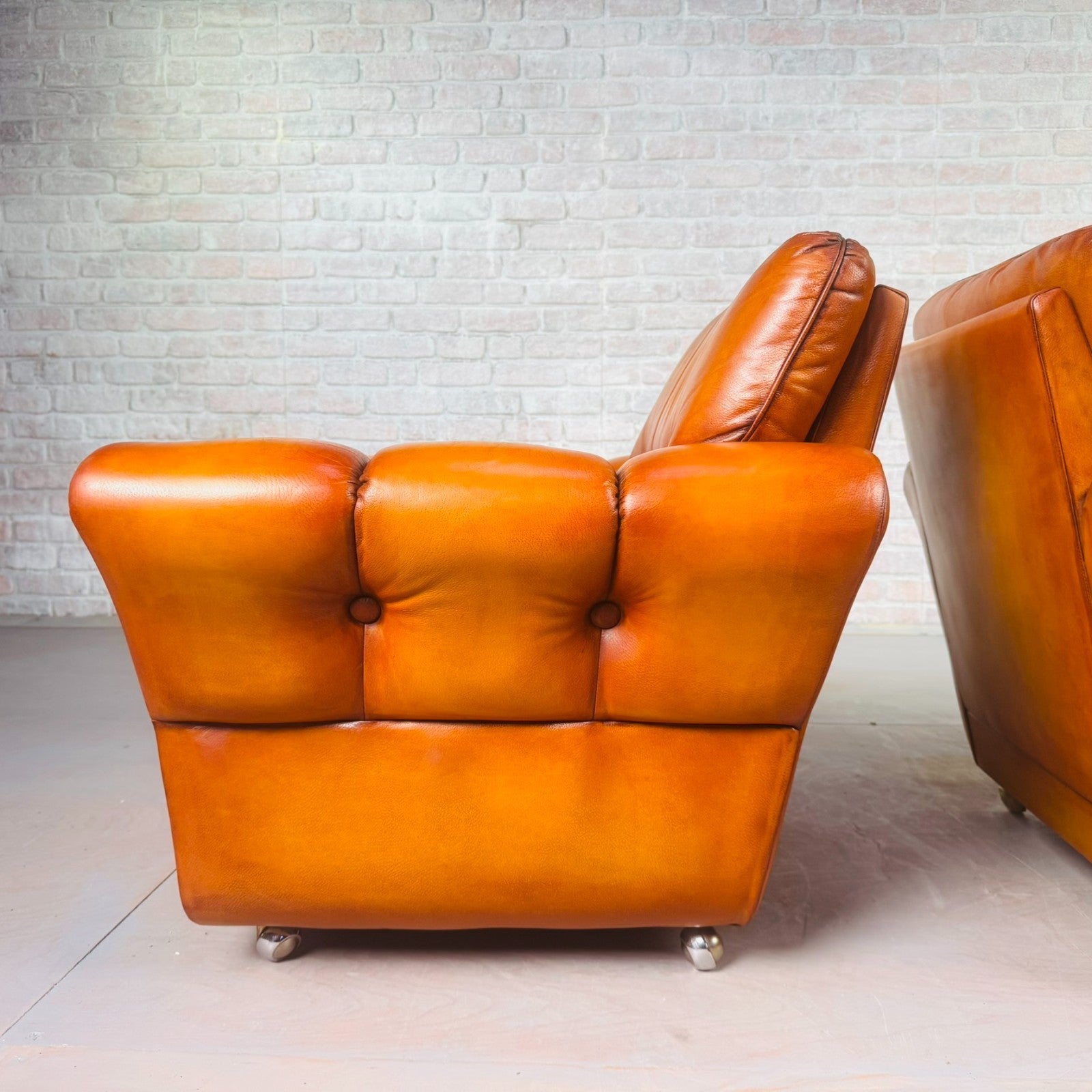 Pair of Vintage Danish Cognac Leather Armchairs – Hand-Dyed Patina