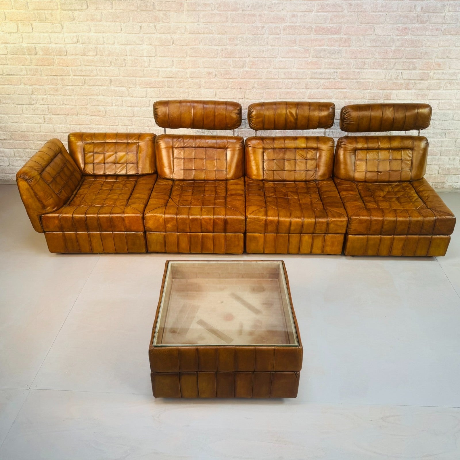 Rare Percival Lafer 60s Modular Sofa 4 Sections & Glass Top Table Tan Leather