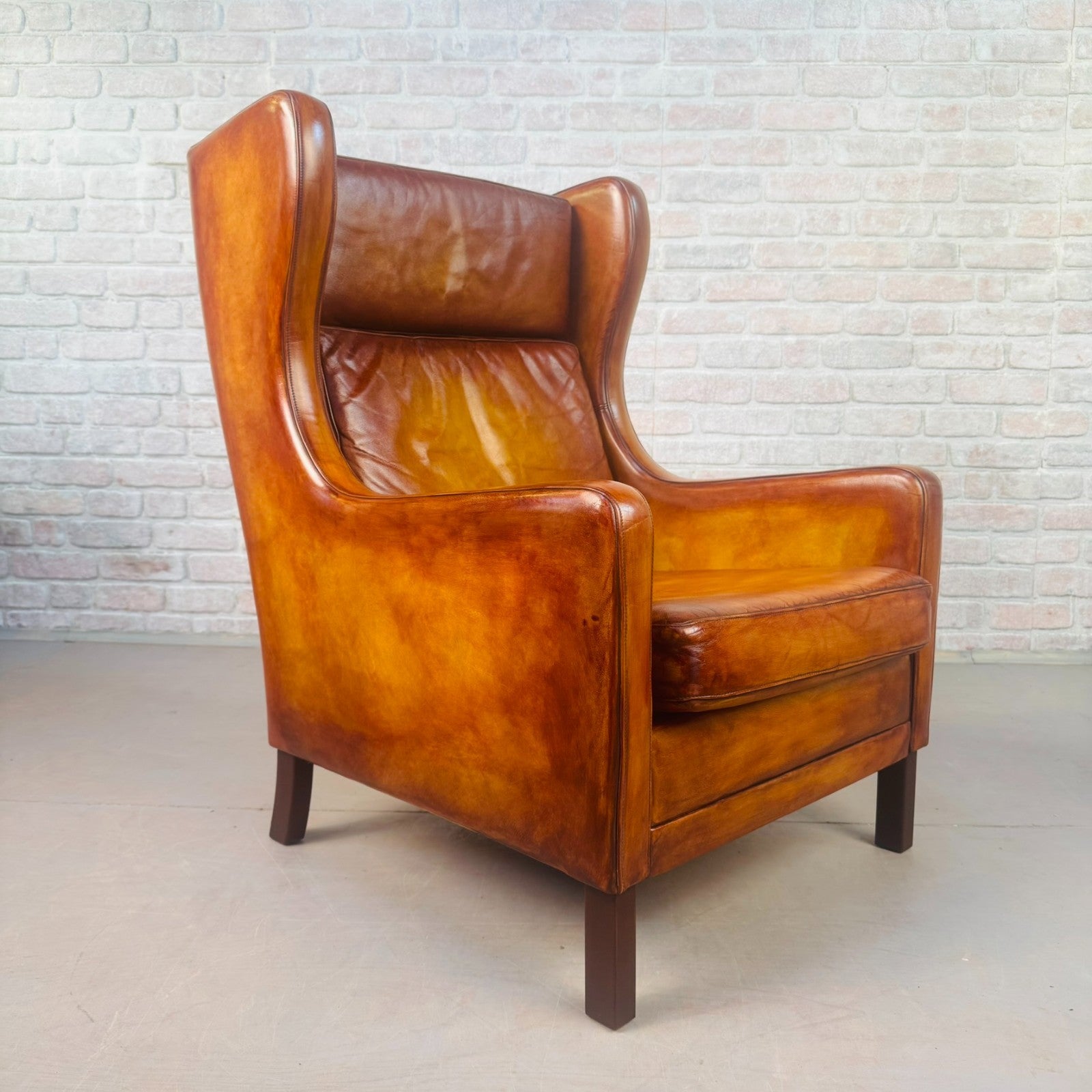 Vintage 1970s Danish High Back Tan Leather Armchair Mid Century Lounge Chair