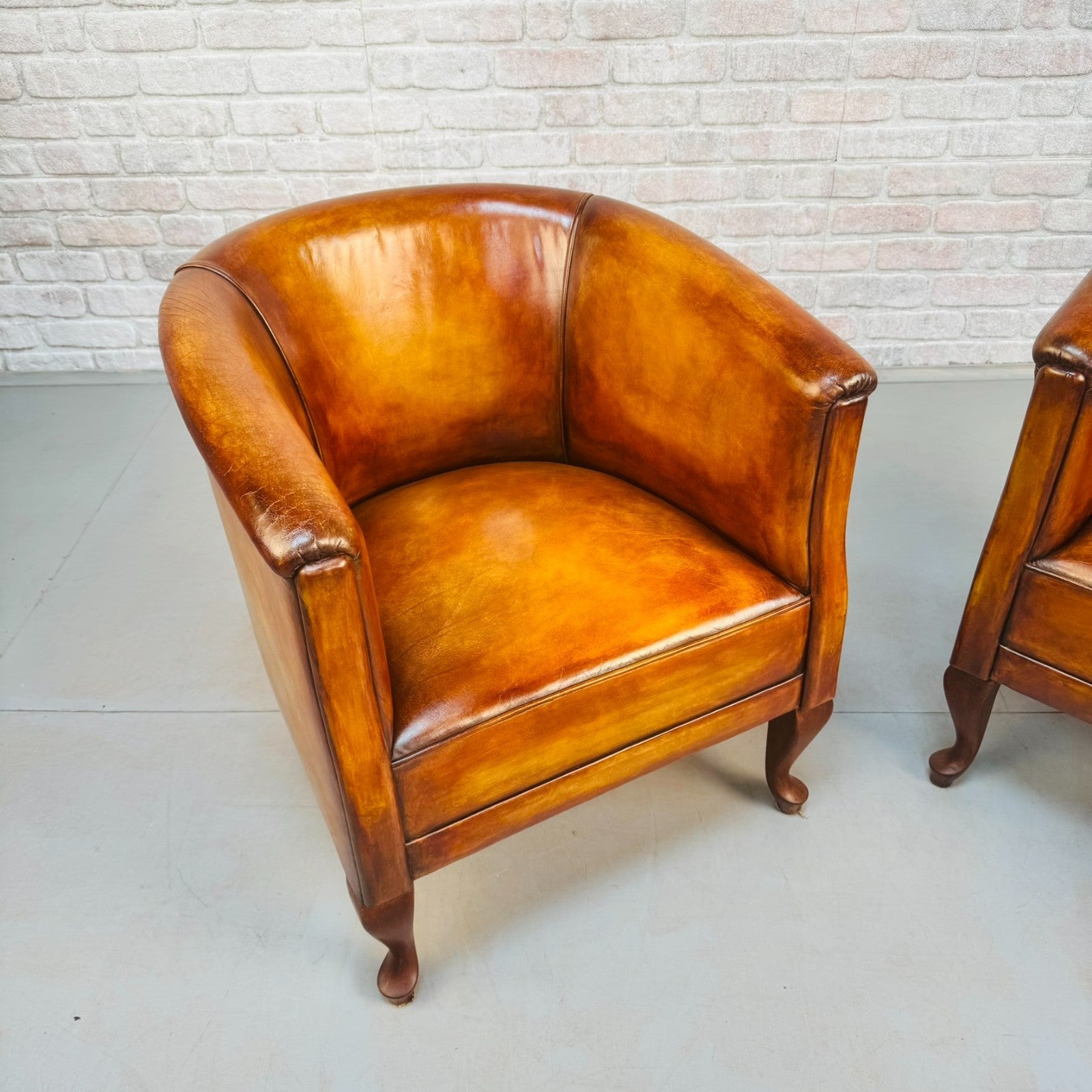 Vintage Pair of Danish Light Tan Leather Tub Chairs