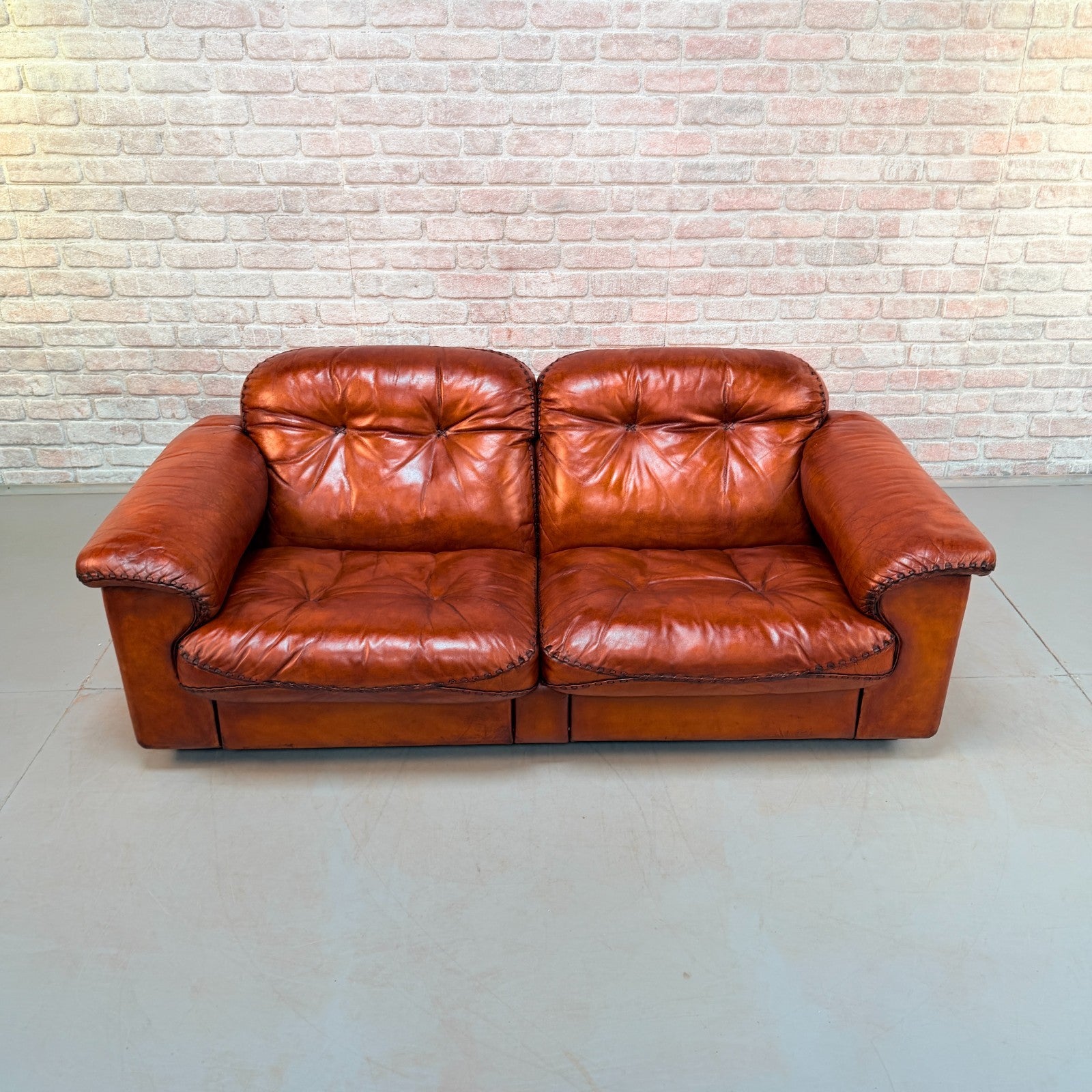 Vintage 70s De Sede DS-101 Two Seater Sofa & Footstool Cognac Leather Switzerlan