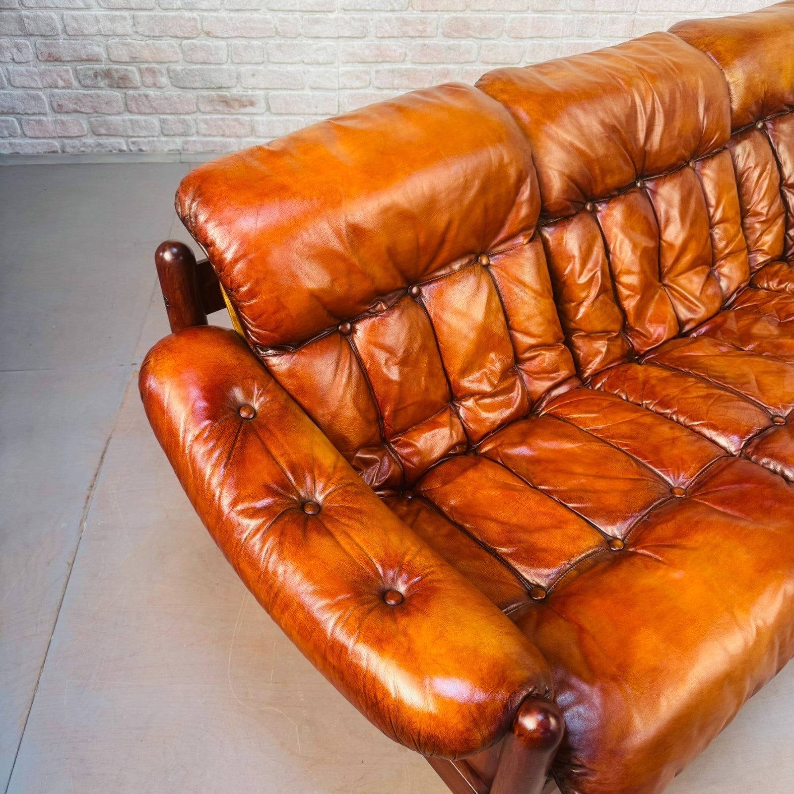 Long Vintage Swedish Tan Leather Three Seater Sofa