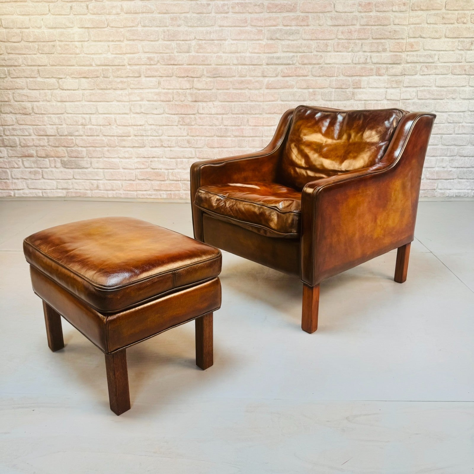 Vintage Danish Børge Mogensen Style Tan Leather Armchair & Footstool