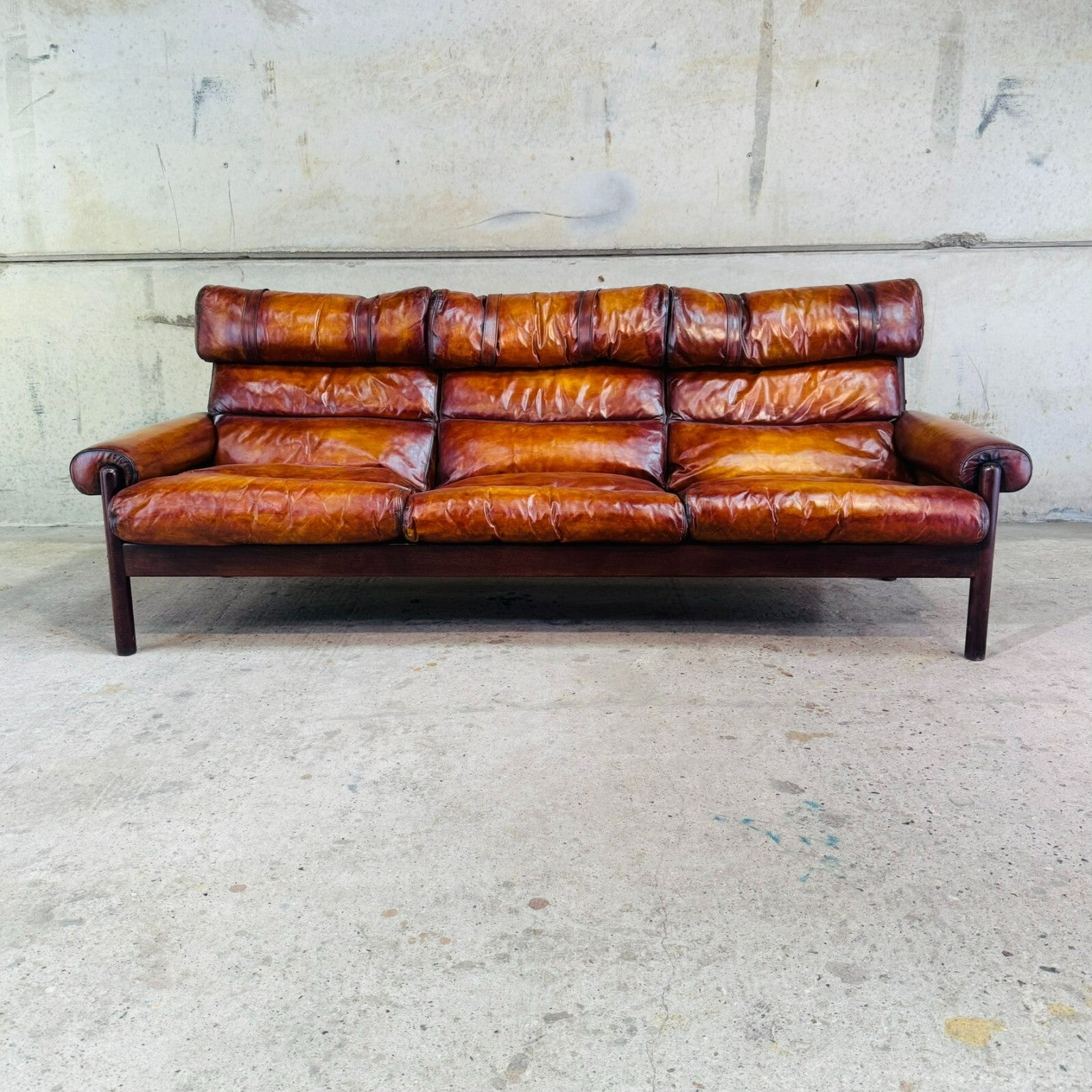 Vintage 70s Swedish Arne Norell Safari Three-Seater Tan Leather Sofa