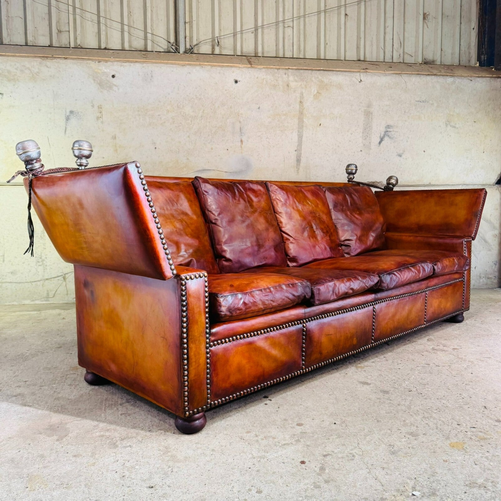 Stunning 1930s Knole Drop-End Large Four-Seater Tan Leather Sofa