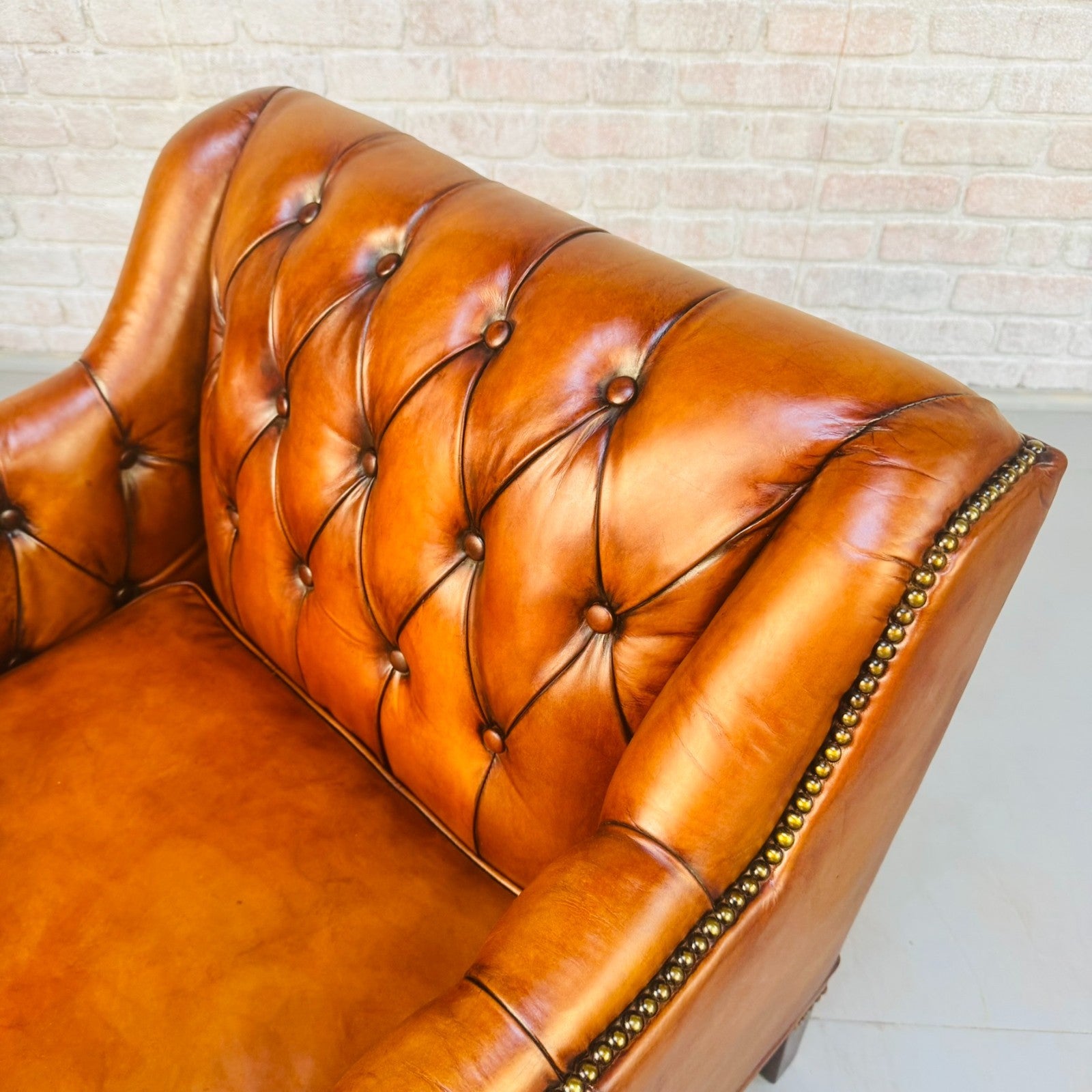 Vintage Chesterfield Armchair & Footstool Tan Leather Cognac Lounge Chair