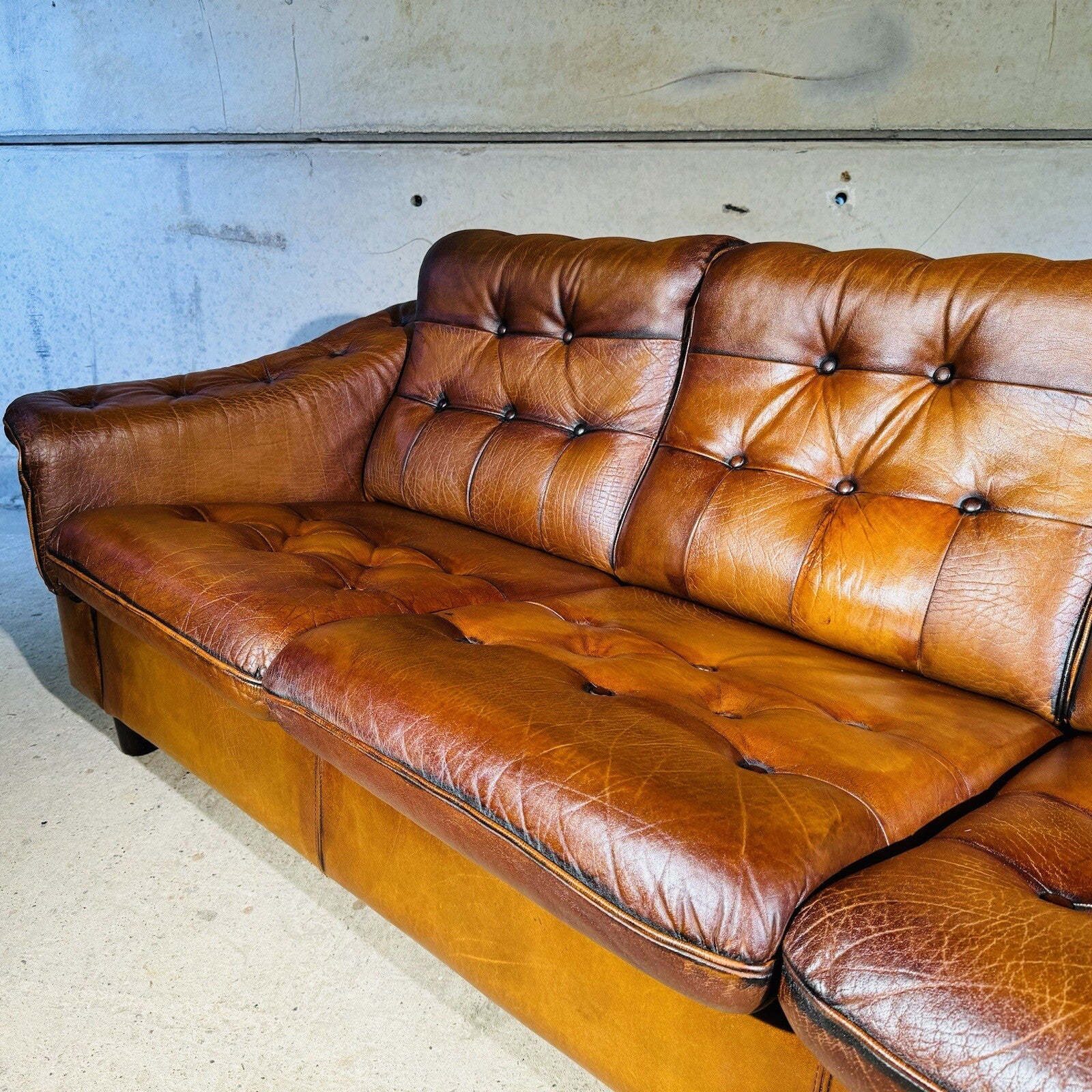 Vintage Danish Three-Seater Sofa - Bull Neck Leather, Hand-Dyed Tan Finish