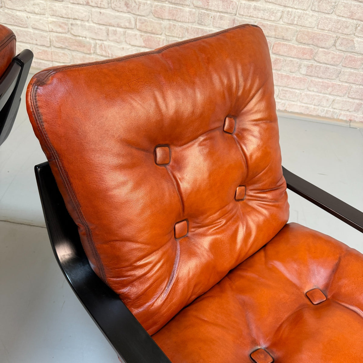 Pair Vintage Danish Cognac Tan Leather Swivel Armchairs Black Beech Frames