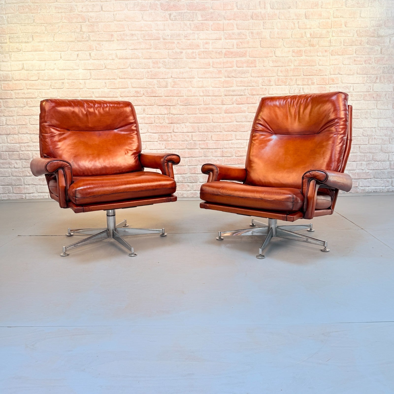Pair 1970s Howard Keith His & Hers Cognac Leather Swivel Armchairs Vintage