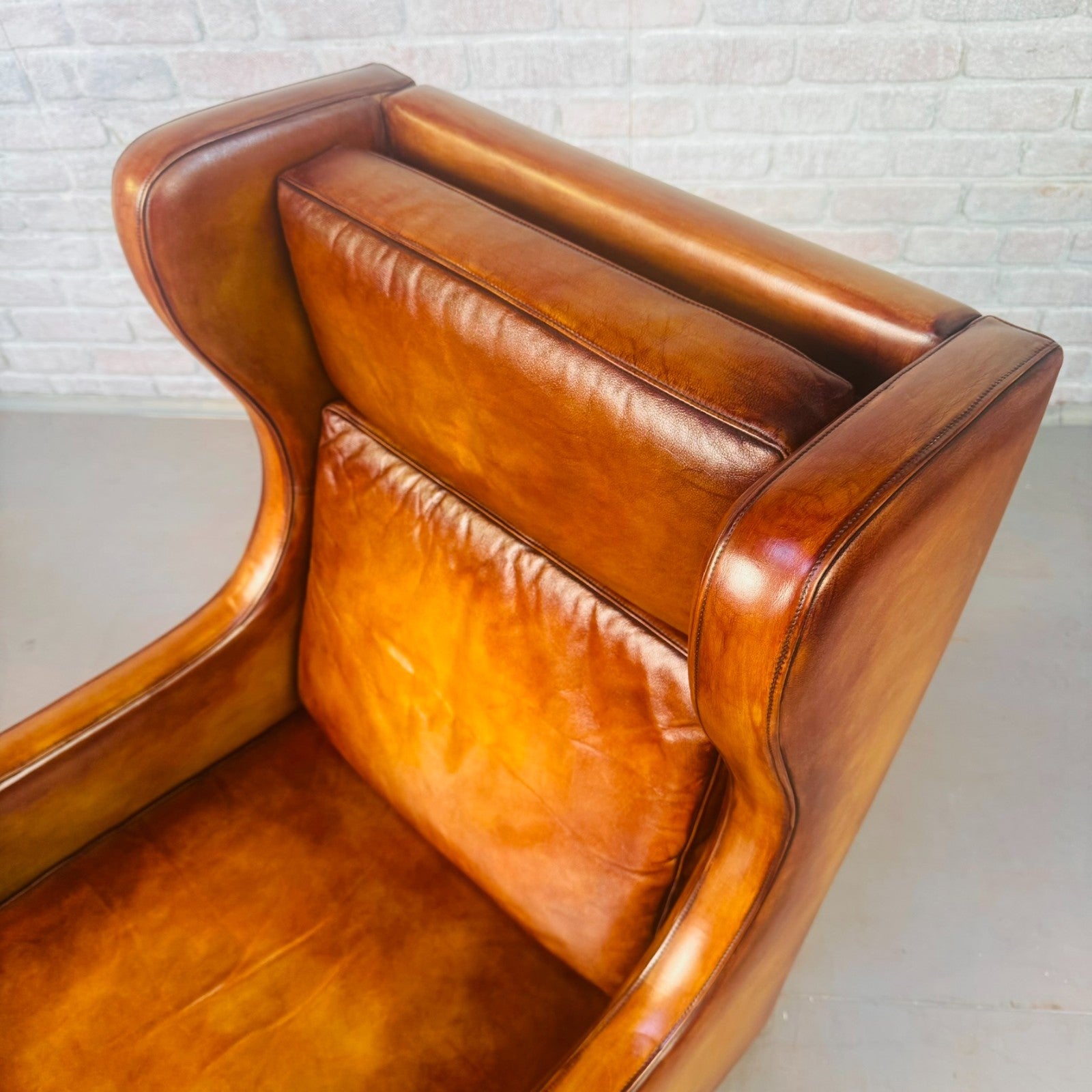 Vintage 1970s Danish High Back Tan Leather Armchair Mid Century Lounge Chair