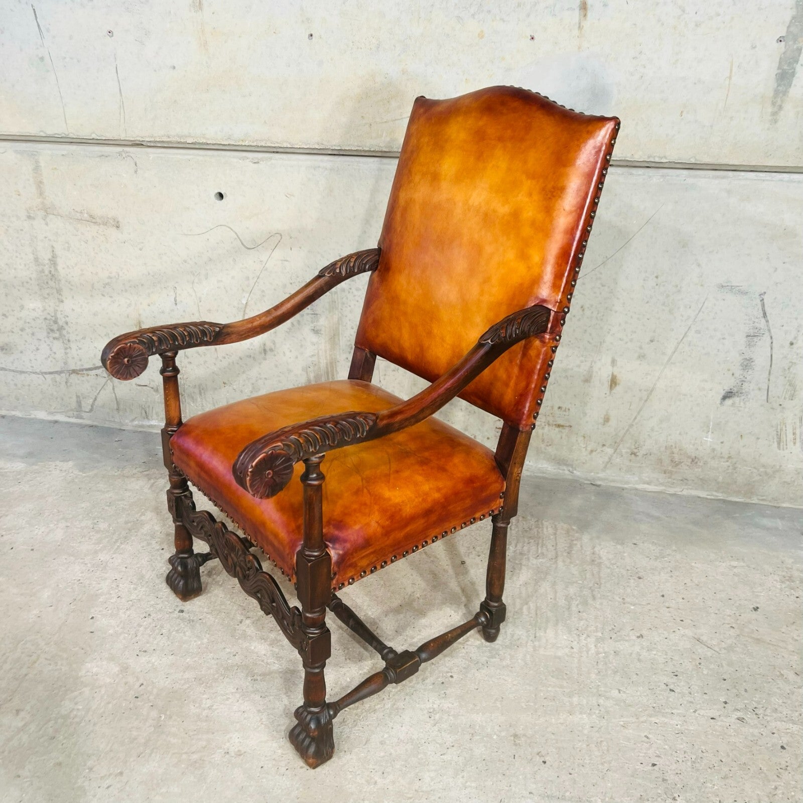 Cromwellian Revival Carved Oak and Leather Armchair Carver Chair