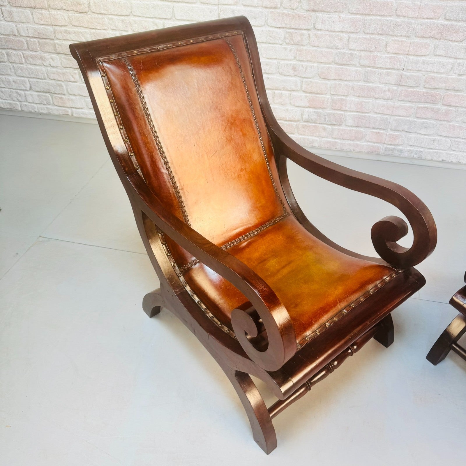 Vintage Danish Pair of Tan Leather Slipper Lounge Armchairs Mahogany Frame 1970s