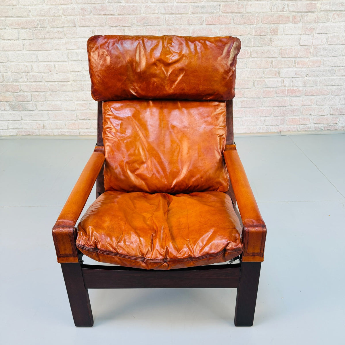 Vintage 1960s Danish Tan Leather Reclining High Back Armchair & Footstool