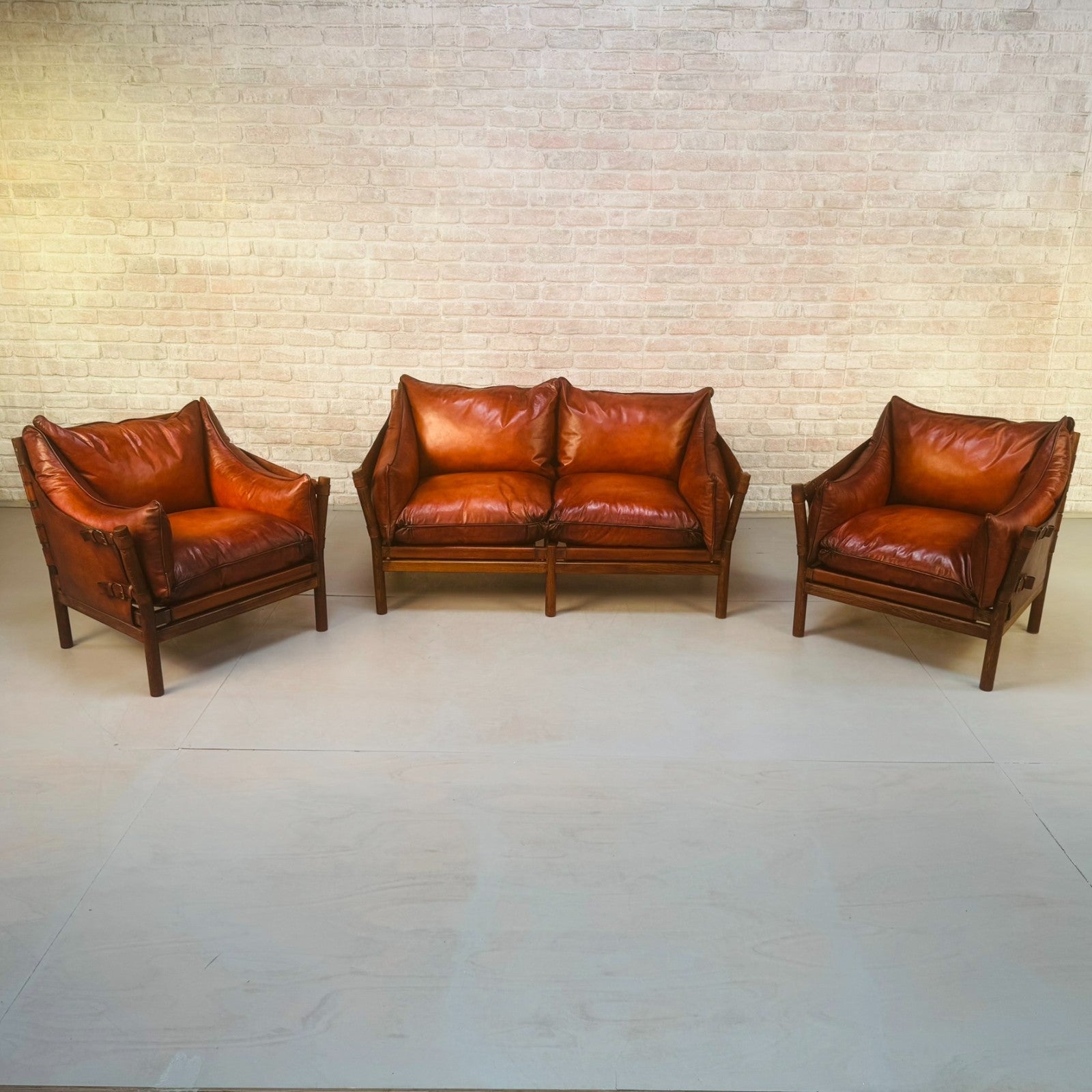 Vintage Swedish 60s Arne Norell “Ilona” Tan Leather Sofa & Pair of Safari Chairs