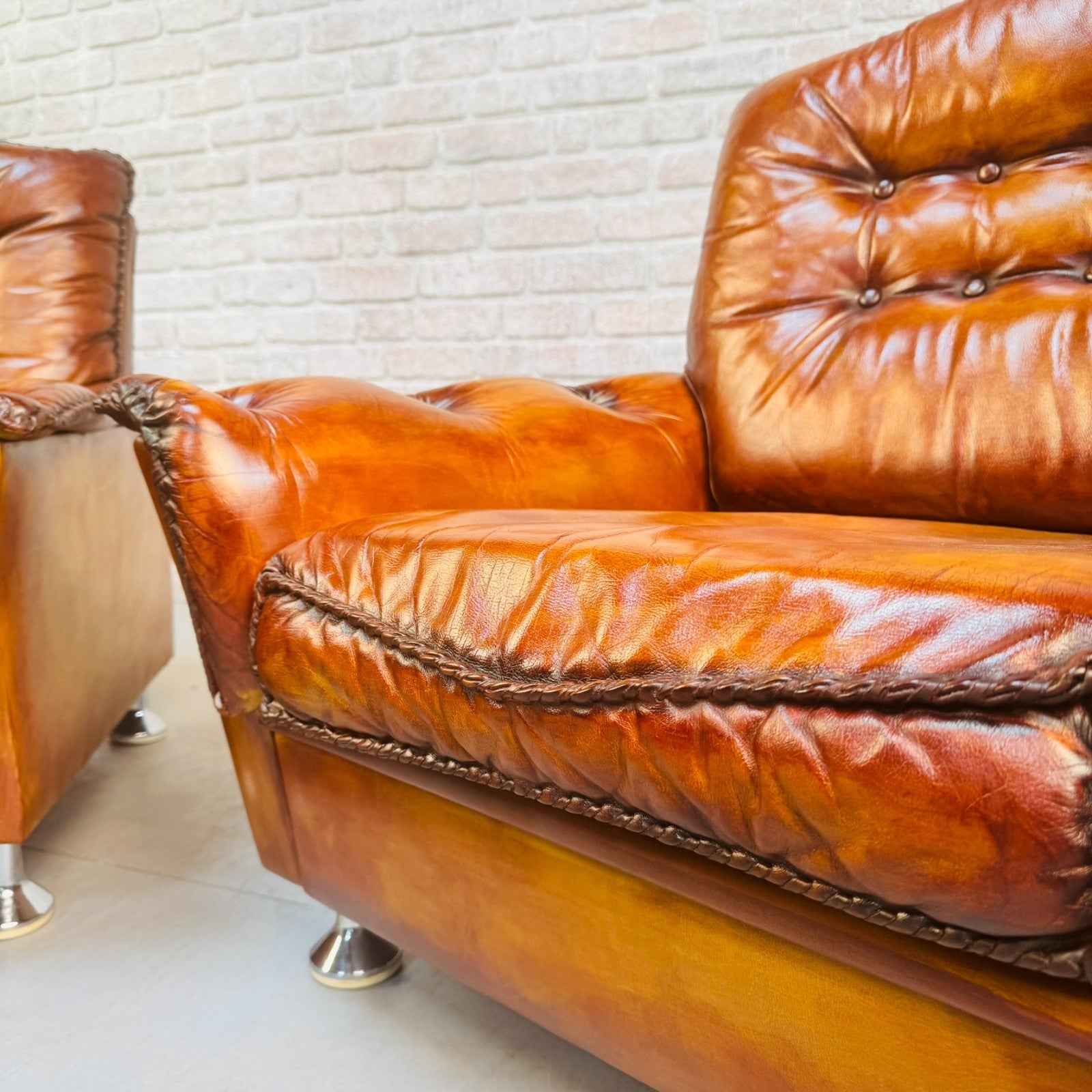Vintage Danish Pair of Tan Leather Armchairs