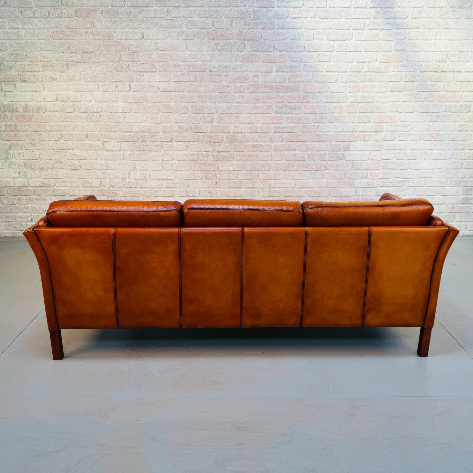 Vintage 1970s Danish Cognac Hand-Dyed Leather Three Seater Box Sofa