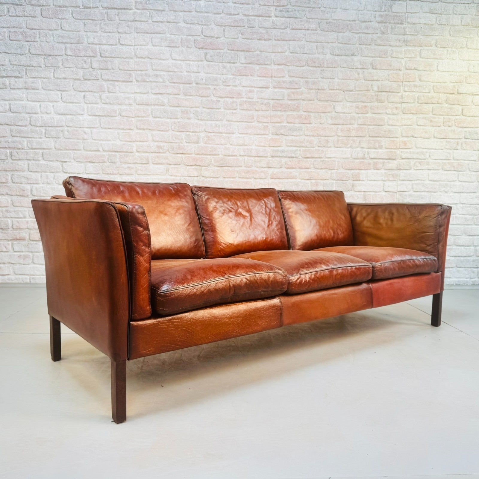 Vintage 1970s Danish Tan Leather Three Seater Sofa