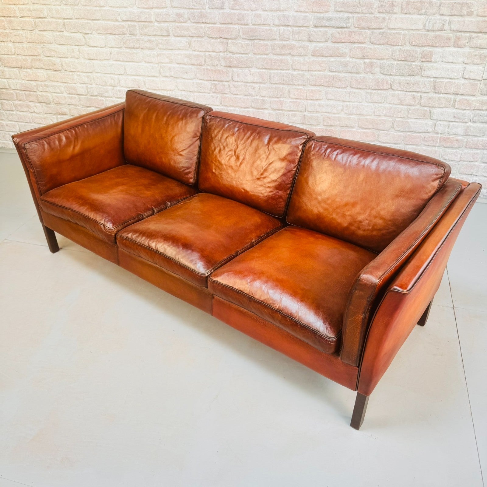 Vintage 1970s Danish Tan Leather Three Seater Sofa