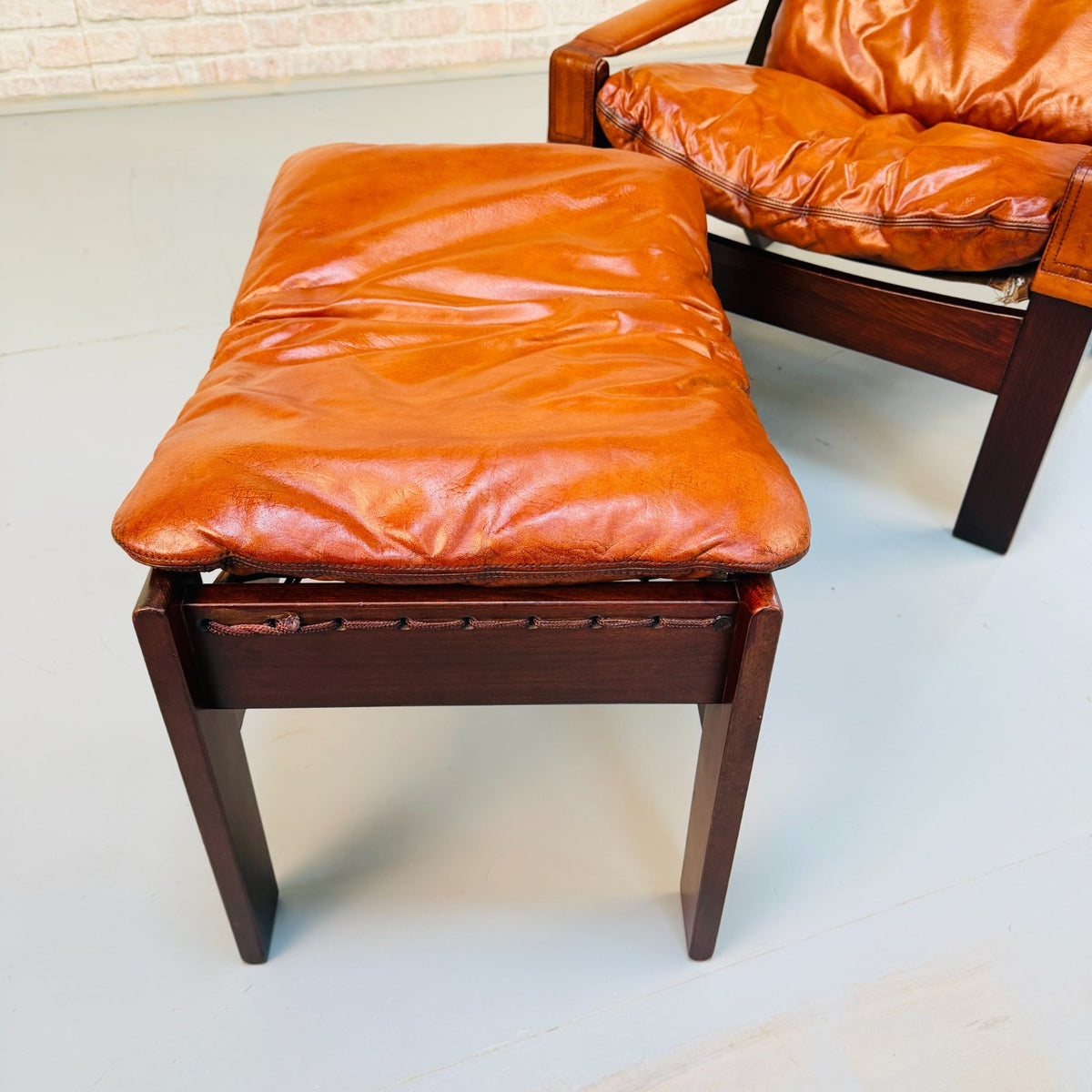 Vintage 1960s Danish Tan Leather Reclining High Back Armchair & Footstool