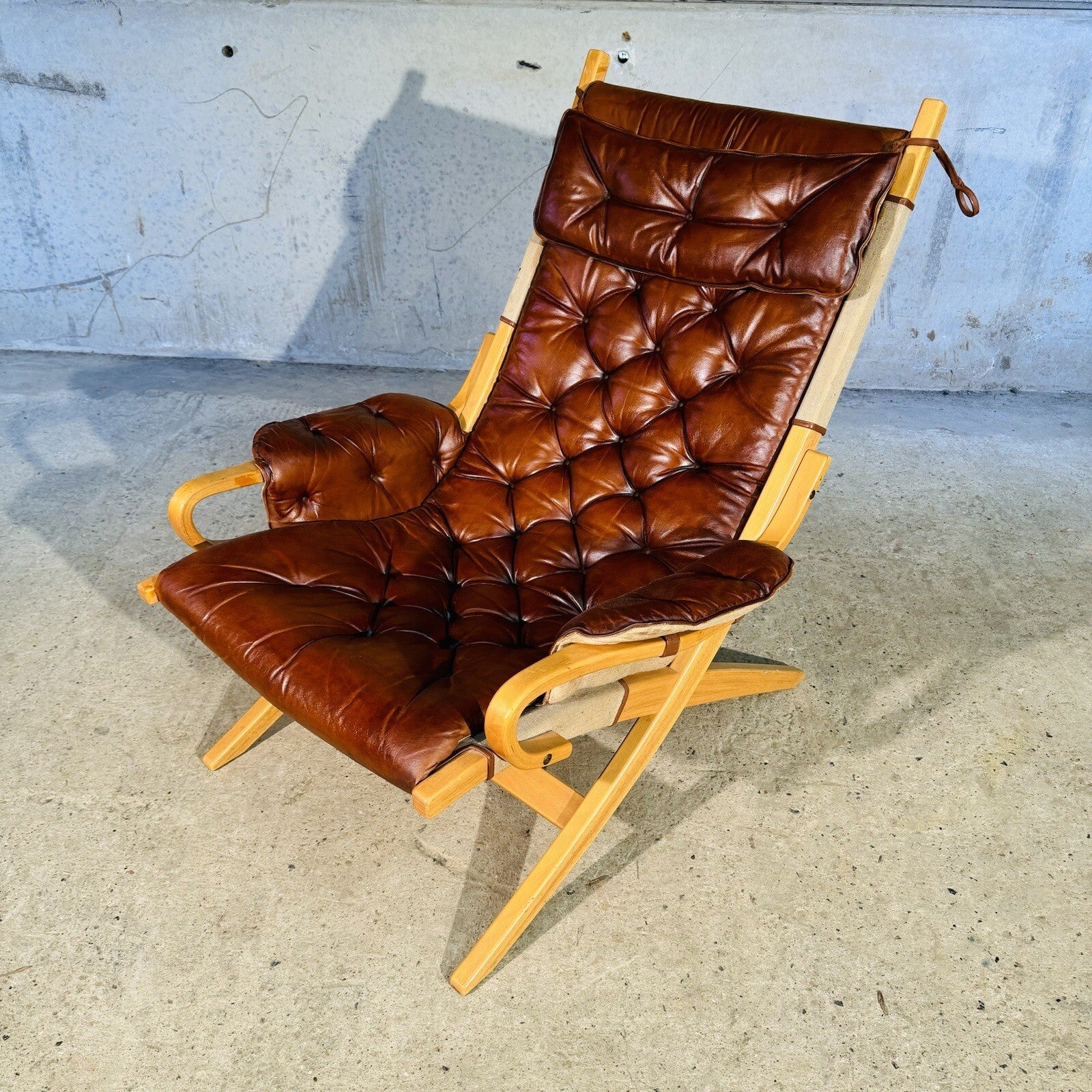Stylish Swedish 1970s Tan Leather And Canvas Armchair and Footstool