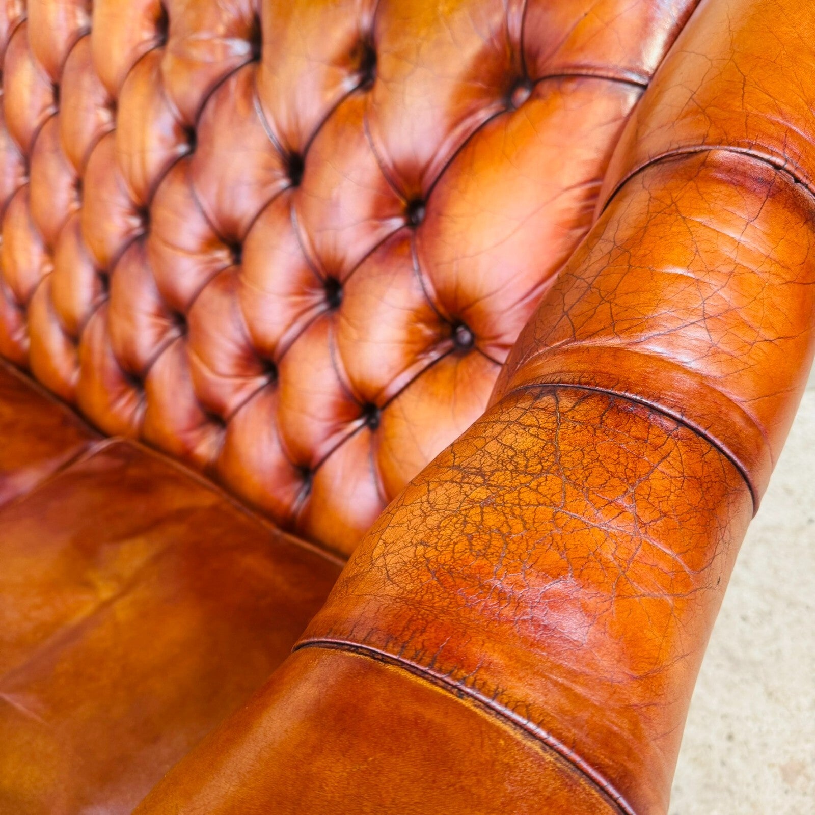 Mid-Century English Gainsborough Cognac Leather Chesterfield Three-Seater Sofa