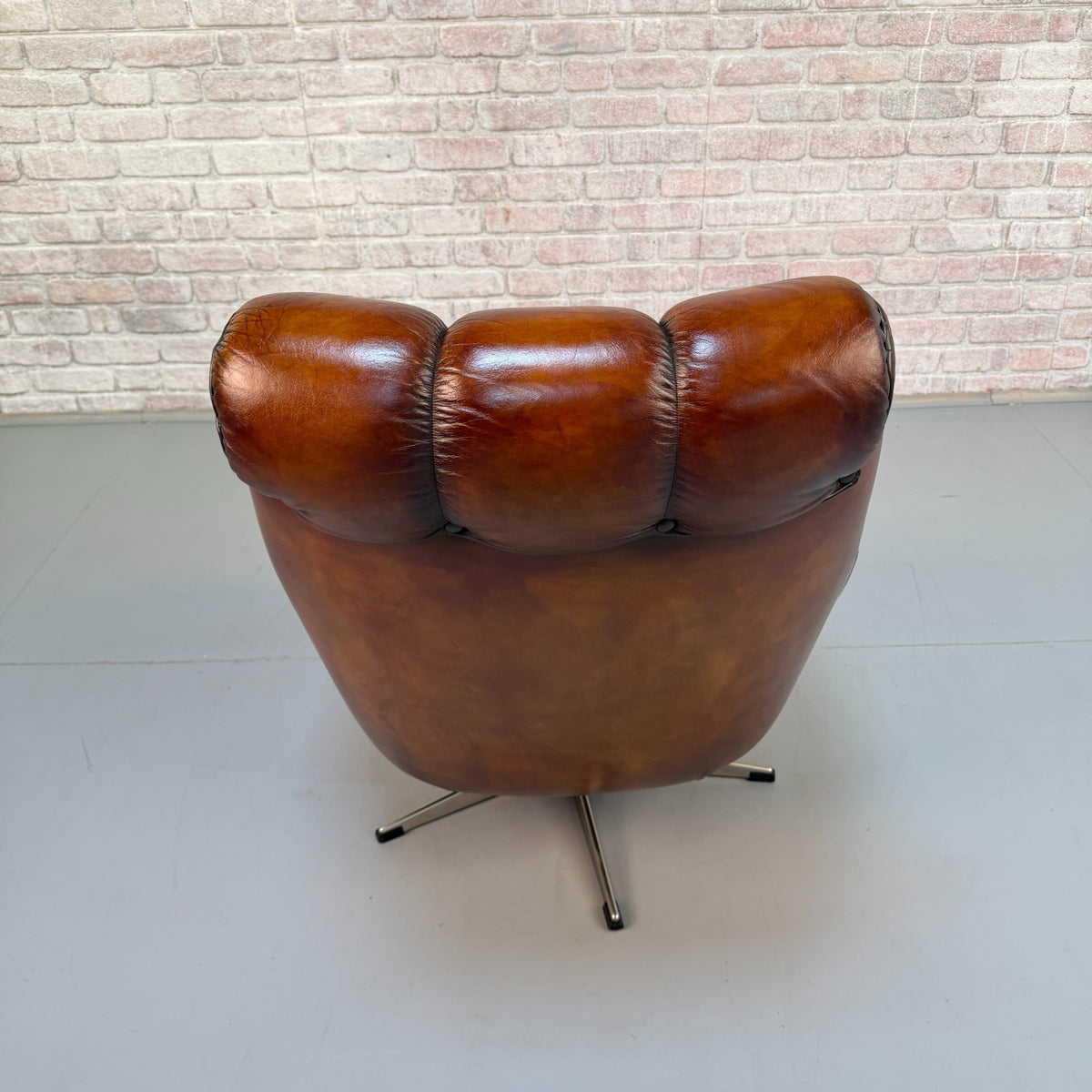 Vintage Danish Tan Leather Swivel Armchair – Hand Dyed Beautiful Patina