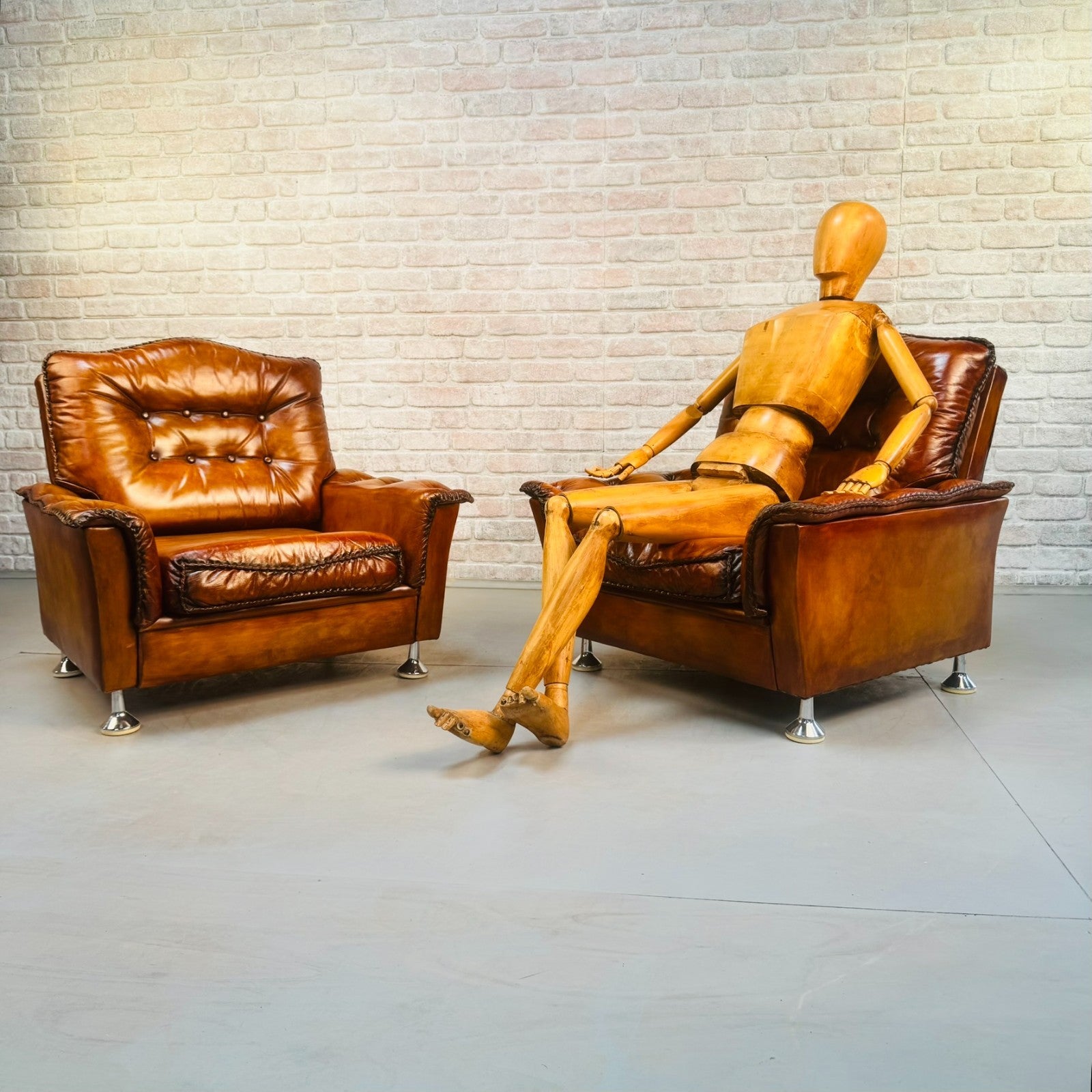 Vintage Danish Pair of Tan Leather Armchairs